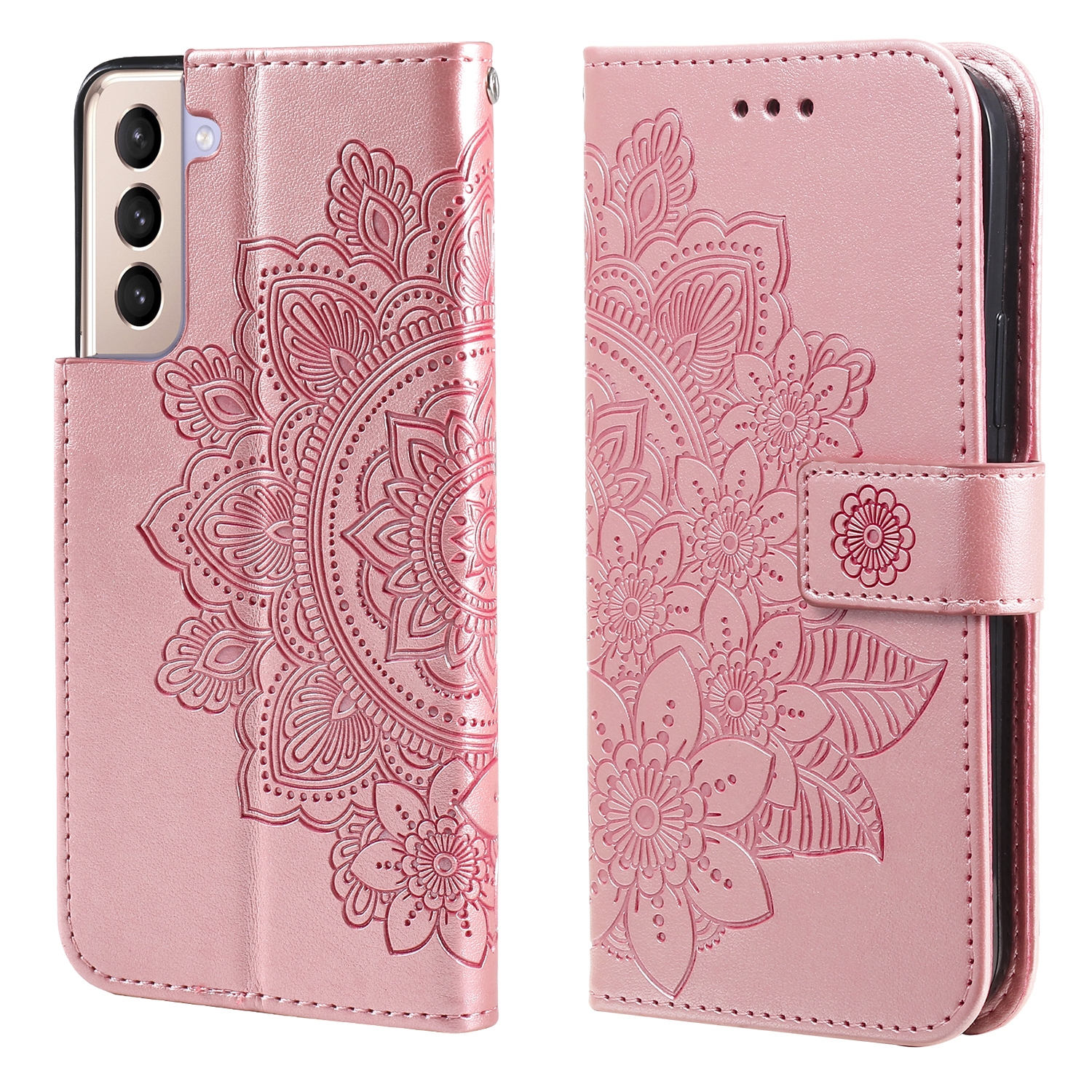 For Samsung Galaxy S21+ 5G 7-petal Flowers Embossing Pattern Horizontal Flip PU Leather Case with Holder & Card Slots & Wallet & Photo Frame(Rose Gold)