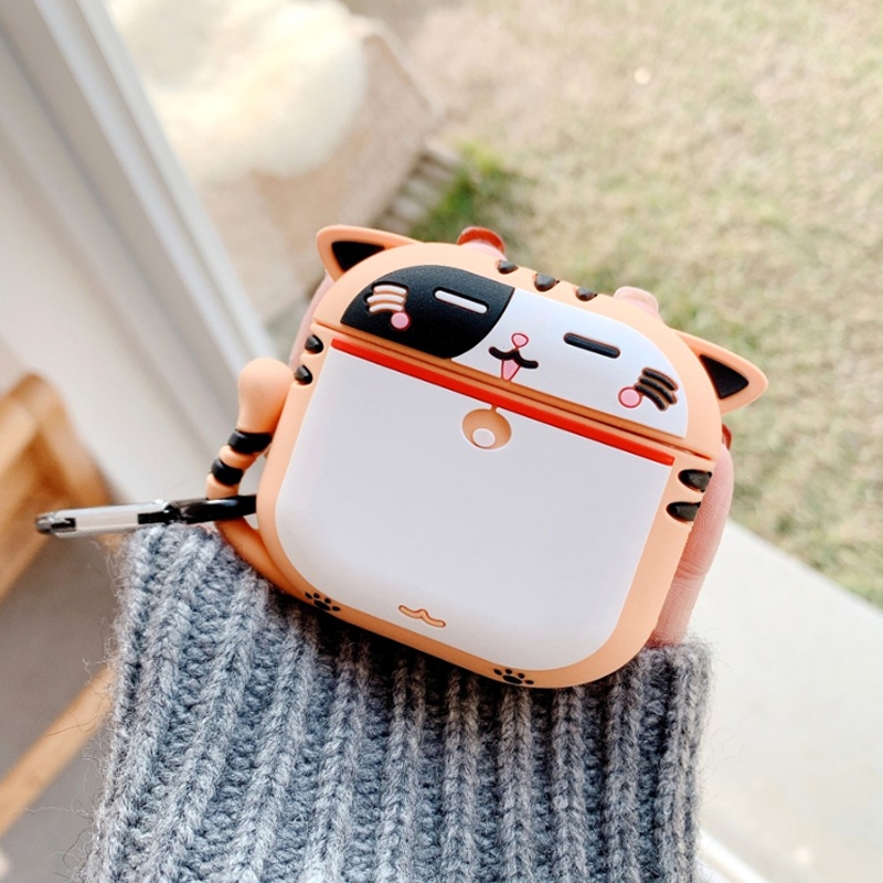 Wireless Earphones Cartoon Cat Anti-fall Protective Case with Hook Up For AirPods Pro(White Orange)