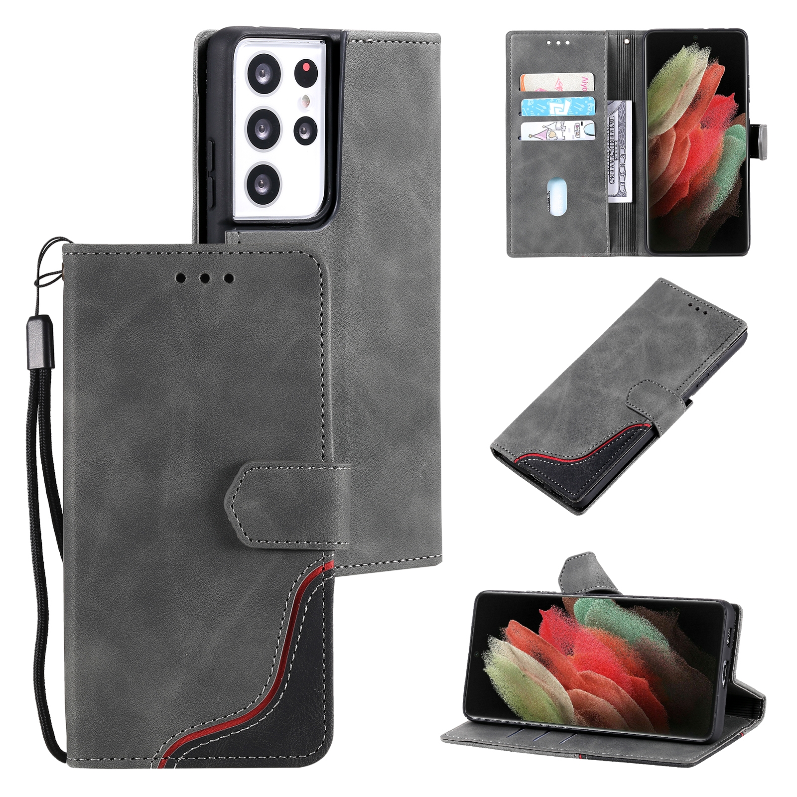 For Samsung Galaxy S21 Ultra 5G Three-color Stitching Calf Texture Horizontal Flip Leather Case with Holder & Card Slots & Wallet(Grey) For Samsung Galaxy S21 Ultra 5G Three-color Stitching Calf Texture Horizontal Flip Leather Case with Holder & Card Slots & Wallet(Grey)