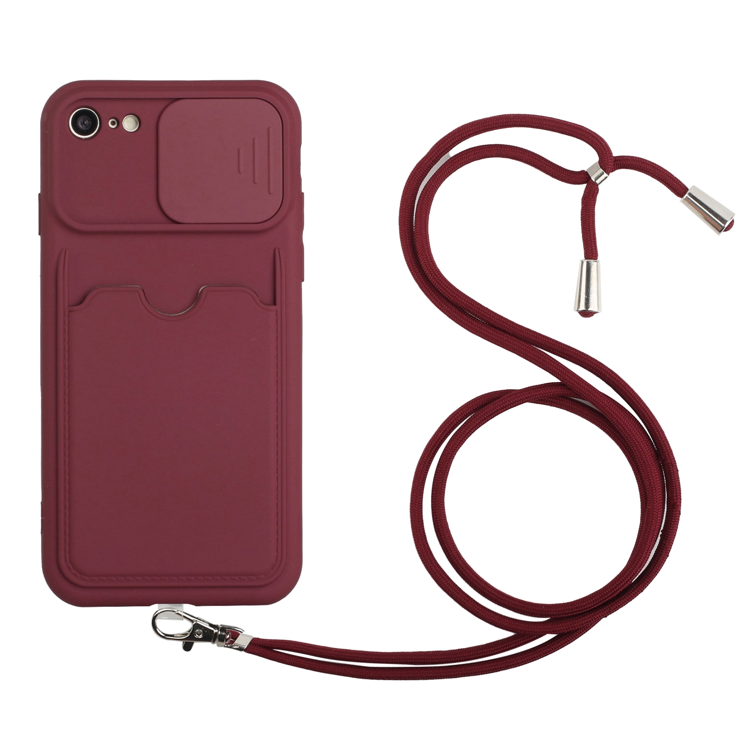 Sliding Camera Cover Design TPU Protective Case with Card Slot & Neck Lanyard For iPhone 6 / 6s(Wine Red)