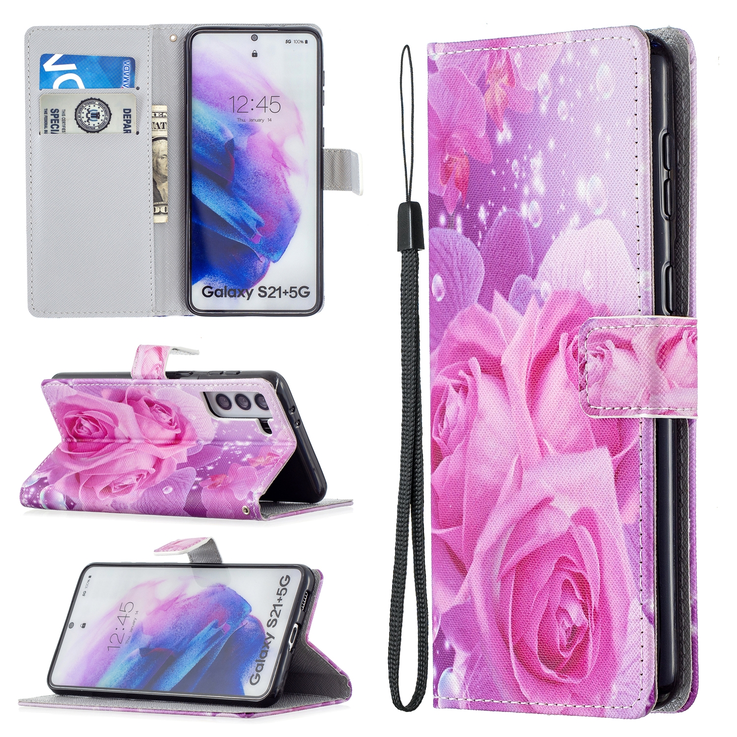 For Samsung Galaxy S21+ 5G Colored Drawing Pattern Horizontal Flip PU Leather Case with Holder & Card Slots & Wallet & Lanyard(Rose Flower)