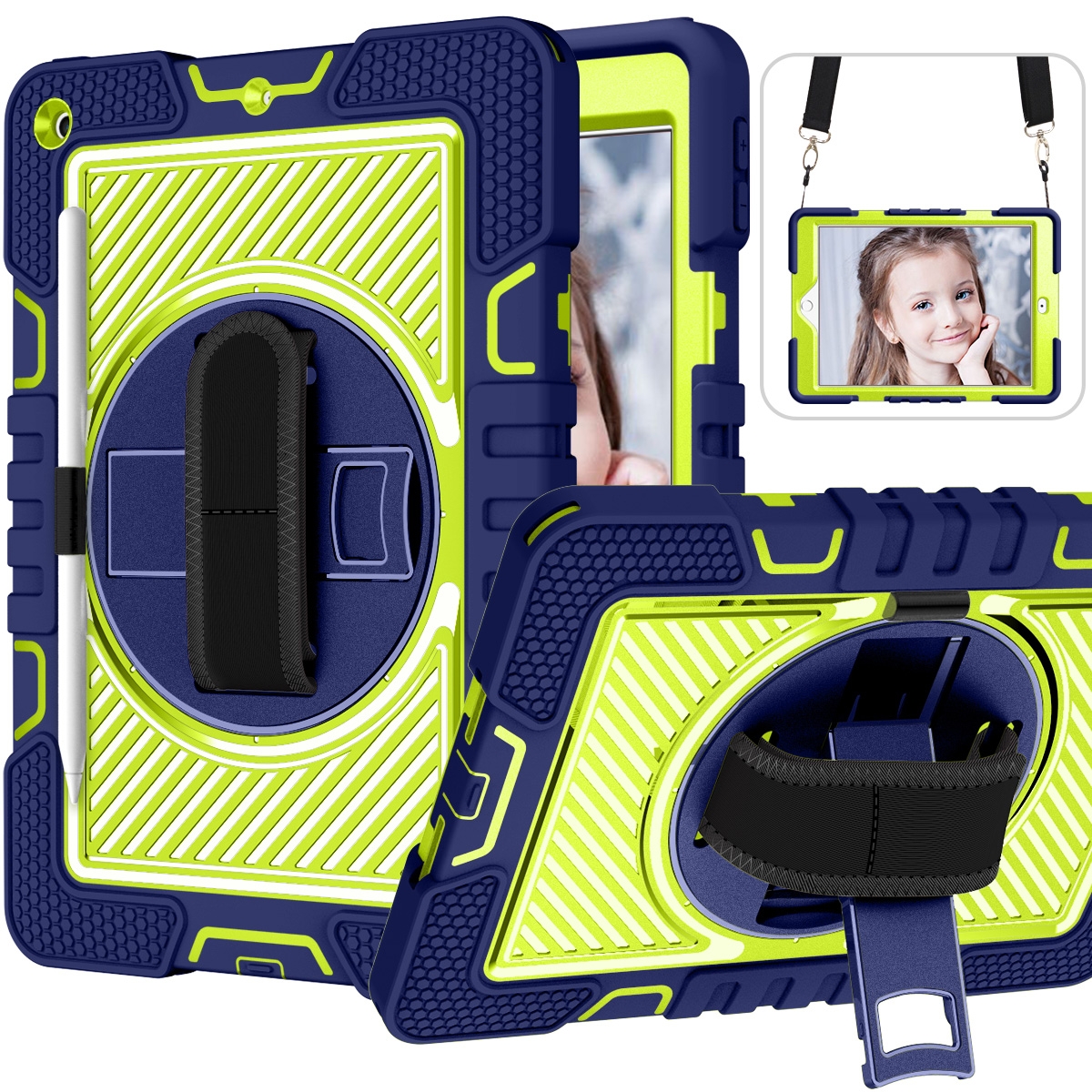 For iPad 10.2 2021 / 2020 / 2019 360 Degree Rotation Contrast Color Shockproof Silicone + PC Case with Holder & Hand Grip Strap & Shoulder Strap (Navy+Yellow Green) For iPad 10.2 2021 / 2020 / 2019 360 Degree Rotation Contrast Color Shockproof Silicone + PC Case with Holder & Hand Grip Strap & Shoulder Strap (Navy+Yellow Green)