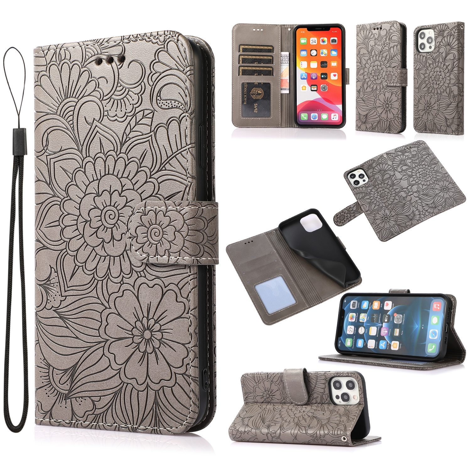For iPhone 12 mini Skin Feel Embossed Sunflower Horizontal Flip Leather Case with Holder & Card Slots & Wallet & Lanyard (Gray) For iPhone 12 mini Skin Feel Embossed Sunflower Horizontal Flip Leather Case with Holder & Card Slots & Wallet & Lanyard (Gray)