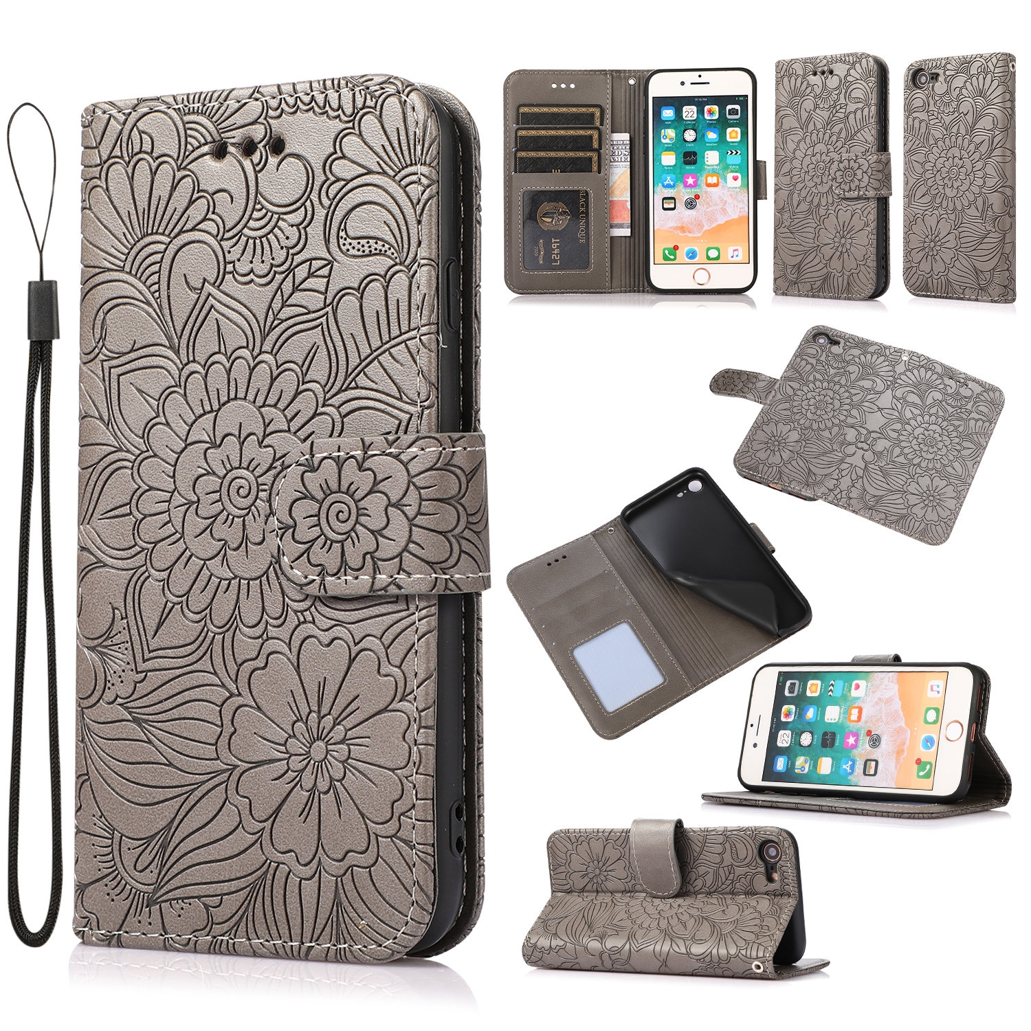 For iPhone SE 2022 / SE 2020 / 7 / 8 Skin Feel Embossed Sunflower Horizontal Flip Leather Case with Holder & Card Slots & Wallet & Lanyard(Gray) For iPhone SE 2022 / SE 2020 / 7 / 8 Skin Feel Embossed Sunflower Horizontal Flip Leather Case with Holder & Card Slots & Wallet & Lanyard(Gray)