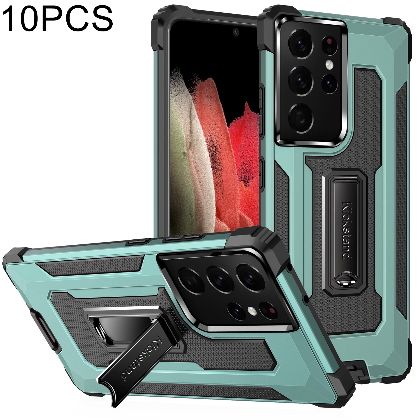 For Samsung Galaxy S21 Ultra 5G 10 PCS Knight Jazz PC+TPU Shockproof Protective Case with Foldable Holder(Grass Green) For Samsung Galaxy S21 Ultra 5G 10 PCS Knight Jazz PC+TPU Shockproof Protective Case with Foldable Holder(Grass Green)