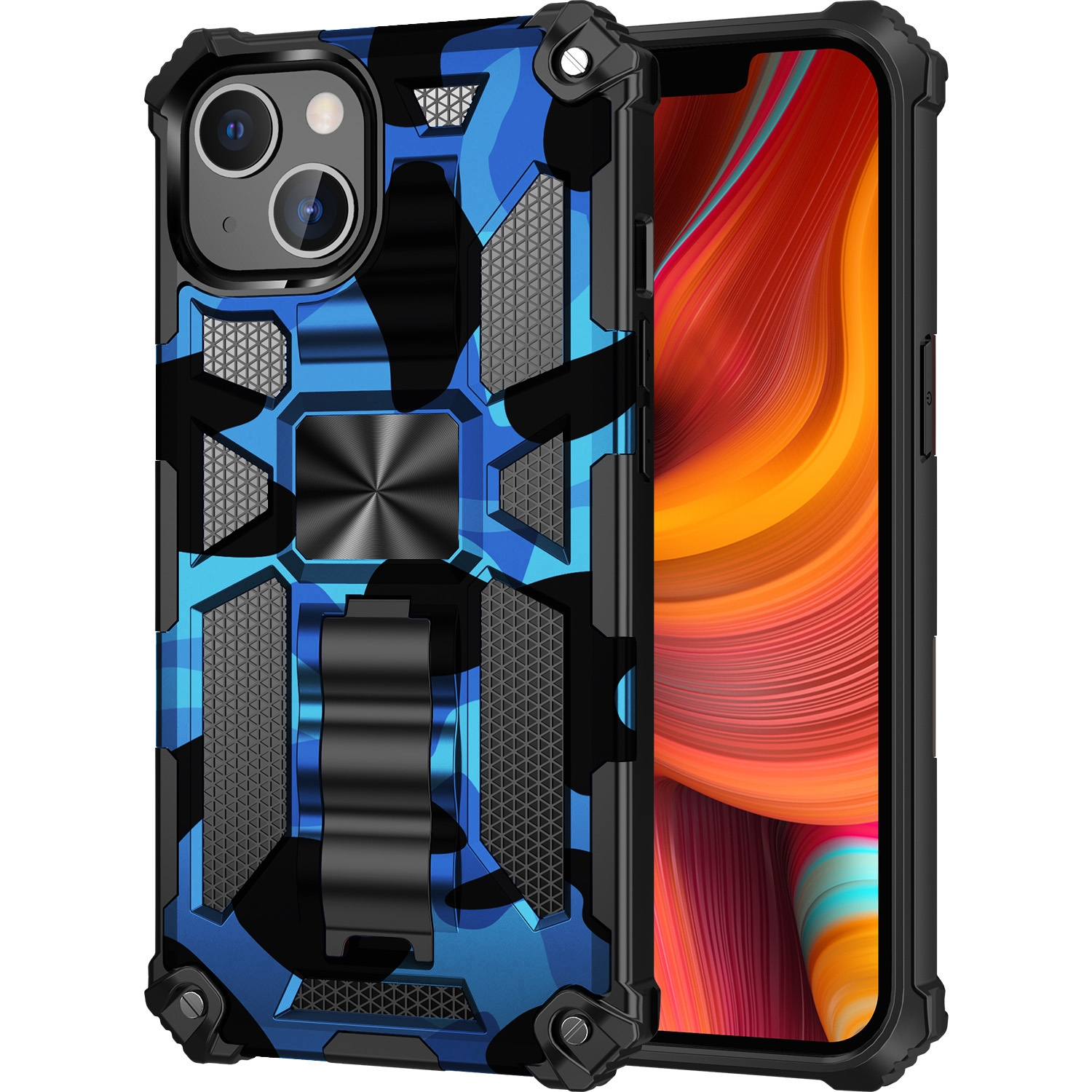 For iPhone 13 mini Camouflage Armor Kickstand TPU + PC Magnetic Phone Case (Blue) For iPhone 13 mini Camouflage Armor Kickstand TPU + PC Magnetic Phone Case (Blue)