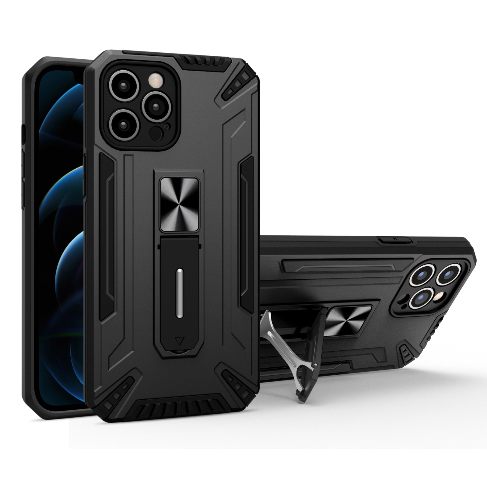 For iPhone 12 War-god Armor TPU + PC Shockproof Magnetic Protective Case with Folding Holder(Black) For iPhone 12 War-god Armor TPU + PC Shockproof Magnetic Protective Case with Folding Holder(Black)