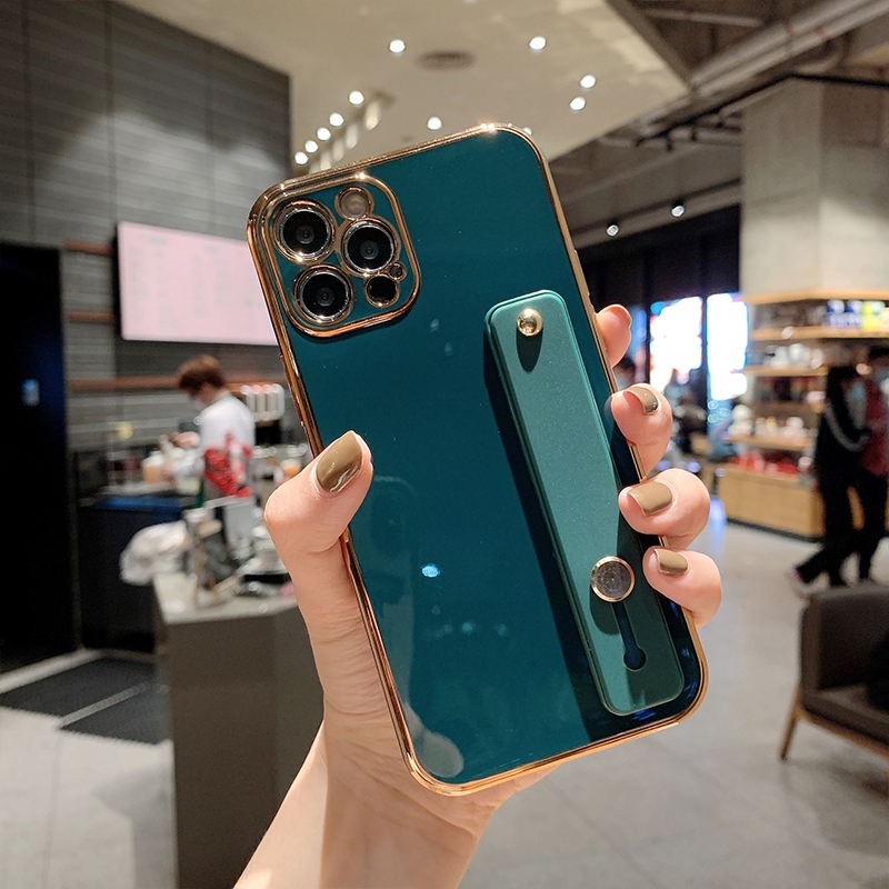 For iPhone 11 6D Pure Color Plating Protective Case with Wristband & Holder (Dark Green) For iPhone 11 6D Pure Color Plating Protective Case with Wristband & Holder (Dark Green)