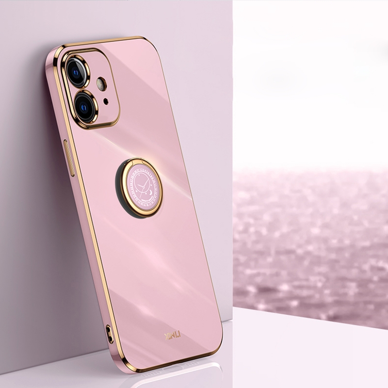 For iPhone 12 mini XINLI Straight Edge 6D Electroplate TPU Phone Case with Ring Holder (Cherry Purple)
