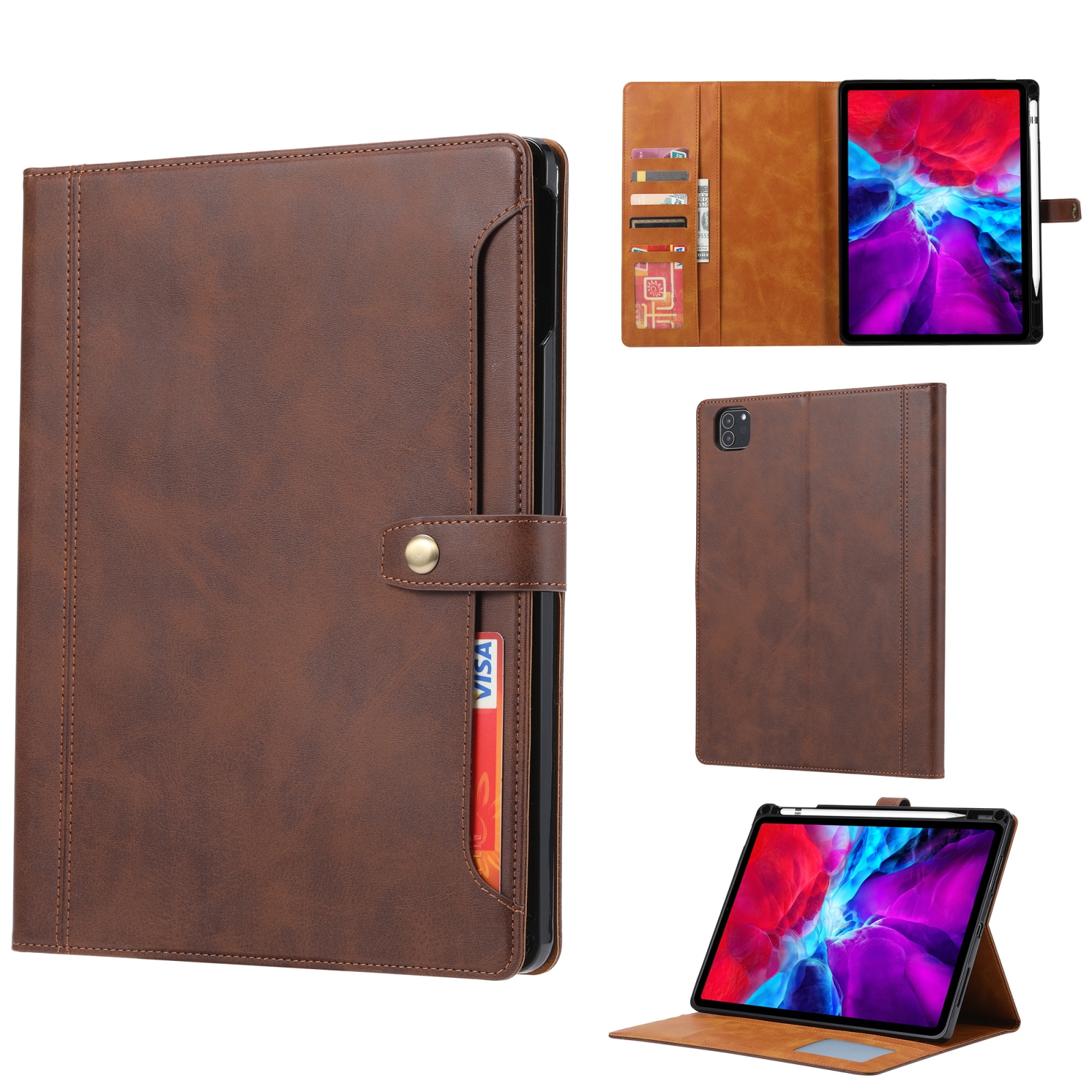 For iPad Air 13 2024 / iPad Pro 12.9 2022/2021/2020 Calf Texture Double Fold Clasp Horizontal Flip Leather Tablet Case with Photo Frame & Holder & Card Slots & Wallet(Brown)