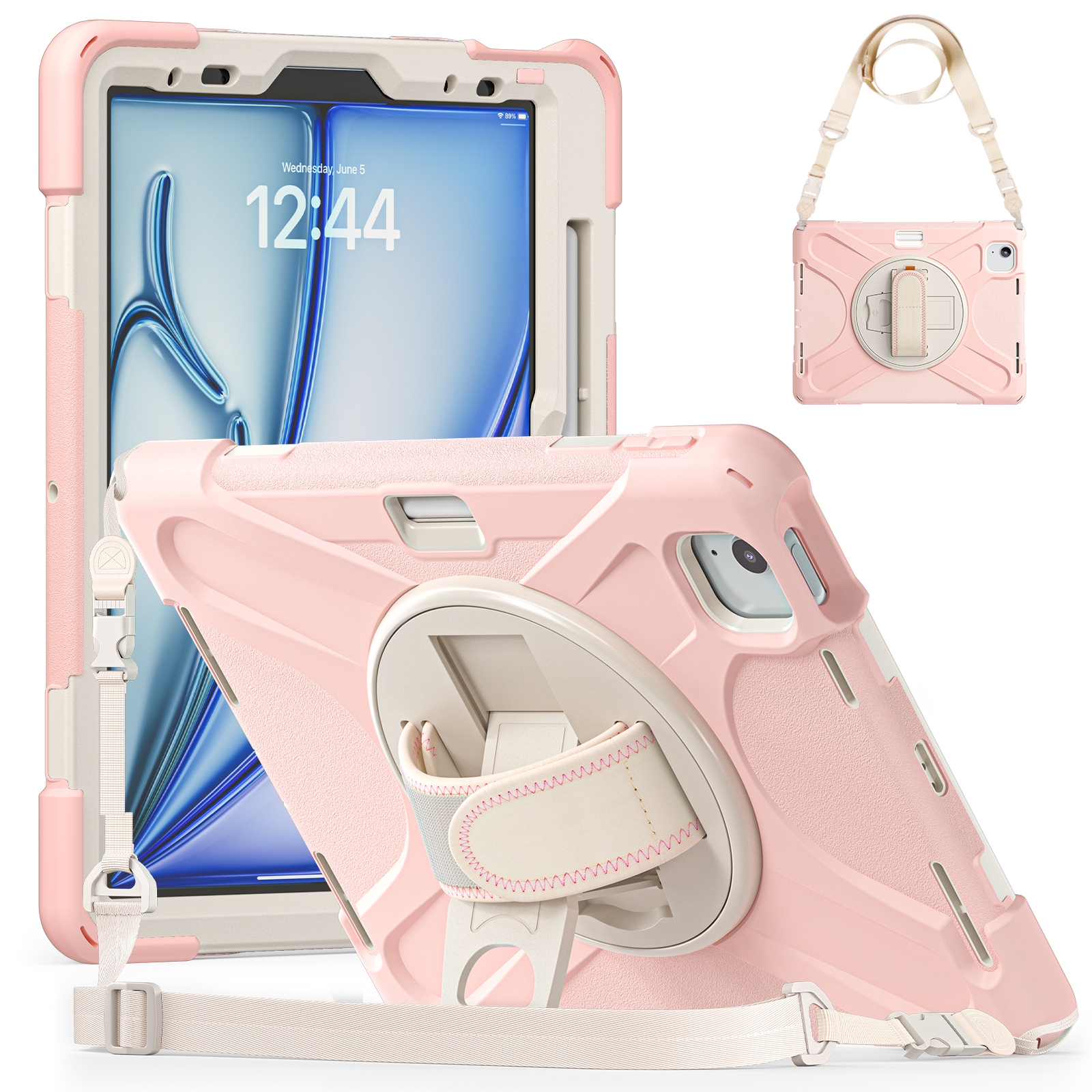 For iPad Air 11 2024 / Air 5 10.9 2022 / Air 4 10.9 2020 / Pro 11 2022 /2021 / 2018 / 2020 Silicone + PC Protective Tablet Case with Holder & Shoulder Strap(Cherry Blossom Pink) For iPad Air 11 2024 / Air 5 10.9 2022 / Air 4 10.9 2020 / Pro 11 2022 /2021 / 2018 / 2020 Silicone + PC Protective Tablet Case with Holder & Shoulder Strap(Cherry Blossom Pink)