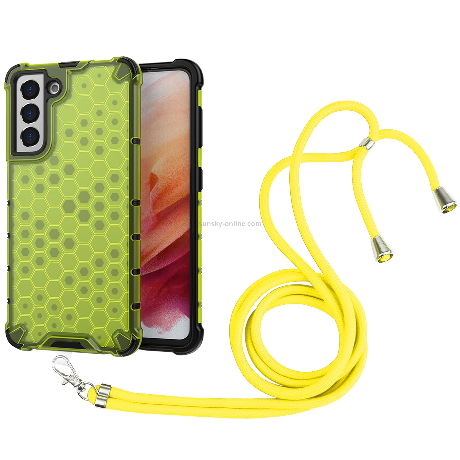 For Samsung Galaxy S21 5G Shockproof Honeycomb PC + TPU Case with Neck Lanyard(Green) For Samsung Galaxy S21 5G Shockproof Honeycomb PC + TPU Case with Neck Lanyard(Green)