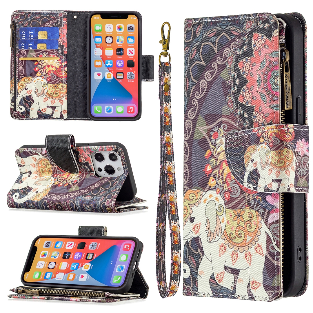 For iPhone 13 mini Colored Drawing Pattern Zipper Horizontal Flip Leather Case with Holder & Card Slots & Wallet (Flower Elephants) For iPhone 13 mini Colored Drawing Pattern Zipper Horizontal Flip Leather Case with Holder & Card Slots & Wallet (Flower Elephants)