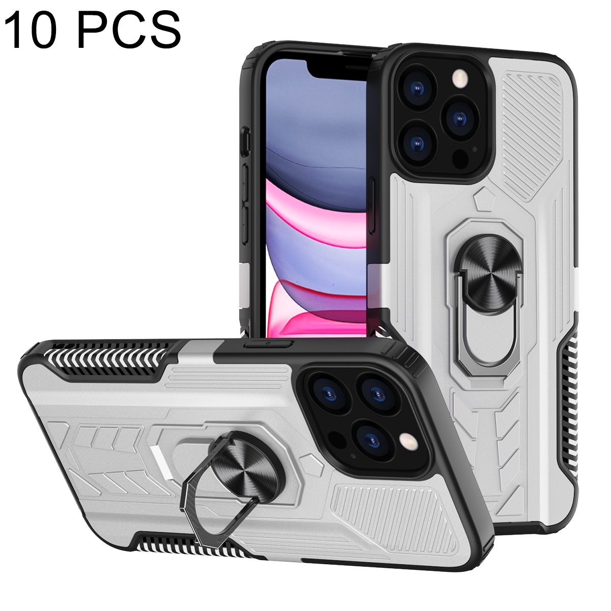 For iPhone 13 Pro 10 PCS Shield Armor PC+TPU Protective Case with 360 Degree Rotation Ring Holder (Silver) For iPhone 13 Pro 10 PCS Shield Armor PC+TPU Protective Case with 360 Degree Rotation Ring Holder (Silver)