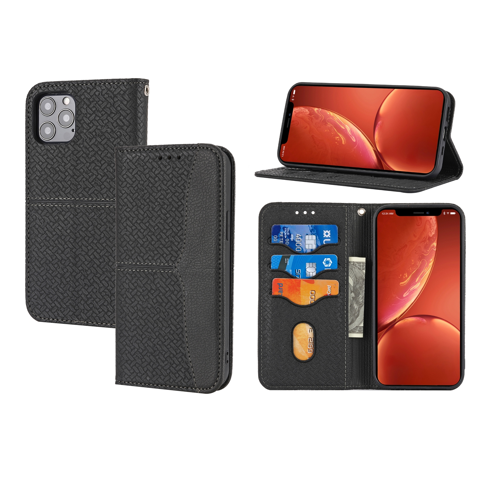 For iPhone 13 Pro Max Woven Texture Stitching Magnetic Horizontal Flip PU Leather Case with Holder & Card Slots & Wallet & Lanyard (Black) For iPhone 13 Pro Max Woven Texture Stitching Magnetic Horizontal Flip PU Leather Case with Holder & Card Slots & Wallet & Lanyard (Black)