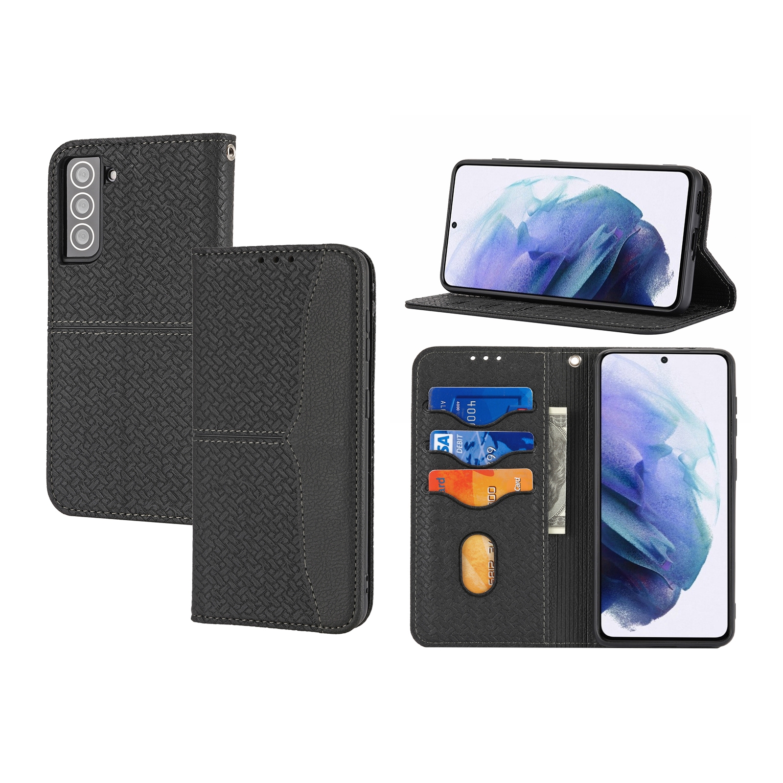 For Samsung Galaxy S21+ 5G Woven Texture Stitching Magnetic Horizontal Flip PU Leather Case with Holder & Card Slots & Wallet & Lanyard(Black) For Samsung Galaxy S21+ 5G Woven Texture Stitching Magnetic Horizontal Flip PU Leather Case with Holder & Card Slots & Wallet & Lanyard(Black)