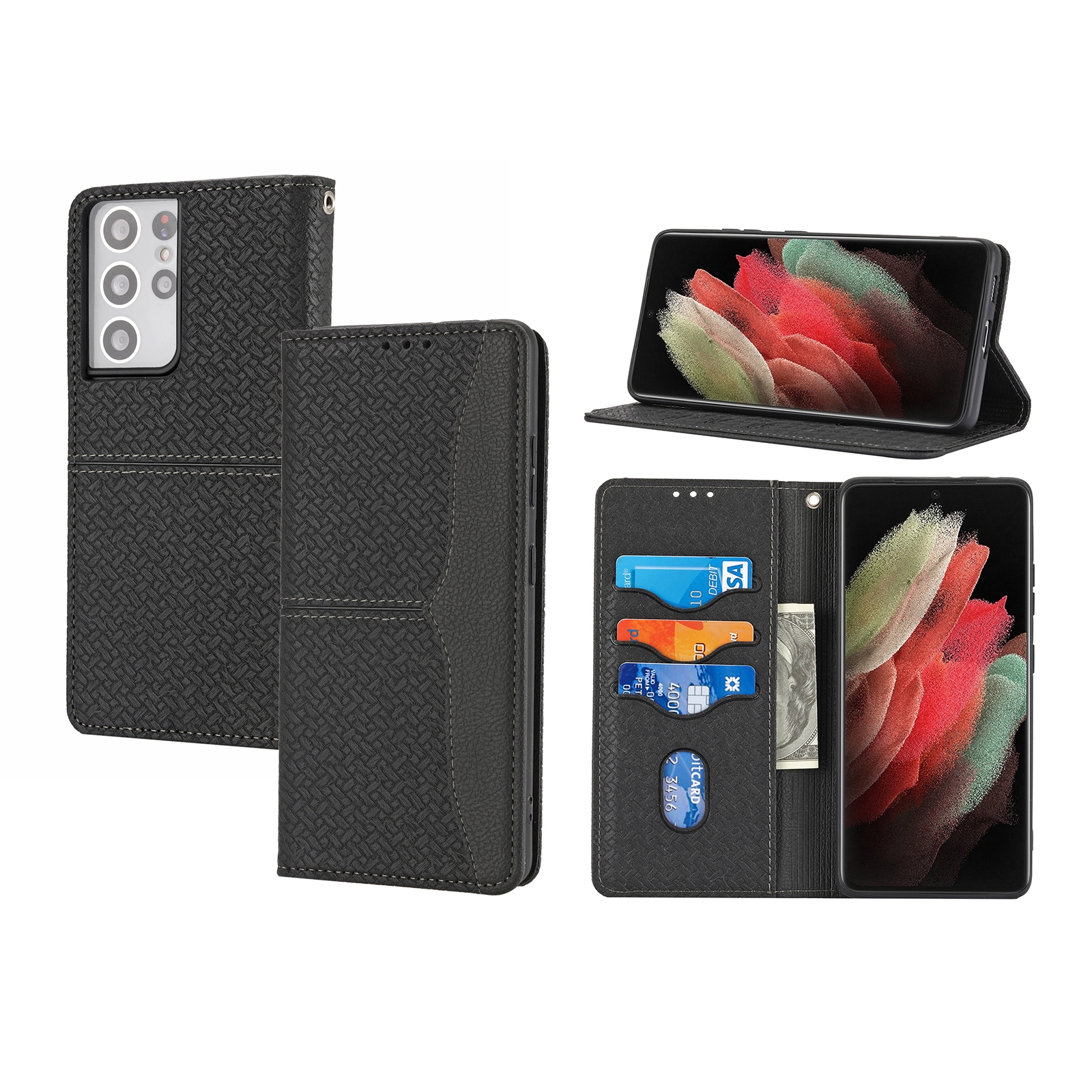 For Samsung Galaxy S21 Ultra 5G Woven Texture Stitching Magnetic Horizontal Flip PU Leather Case with Holder & Card Slots & Wallet & Lanyard(Black) For Samsung Galaxy S21 Ultra 5G Woven Texture Stitching Magnetic Horizontal Flip PU Leather Case with Holder & Card Slots & Wallet & Lanyard(Black)