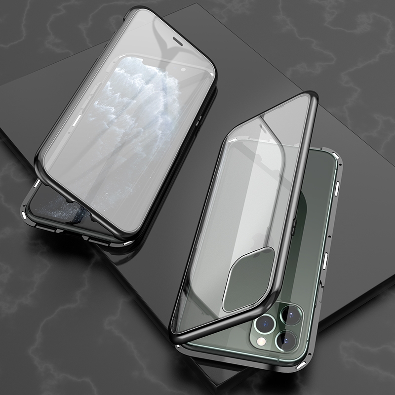 For iPhone 11 Pro Ultra Slim Double Sides Magnetic Adsorption Angular Frame Tempered Glass Magnet Flip Case(Black) For iPhone 11 Pro Ultra Slim Double Sides Magnetic Adsorption Angular Frame Tempered Glass Magnet Flip Case(Black)