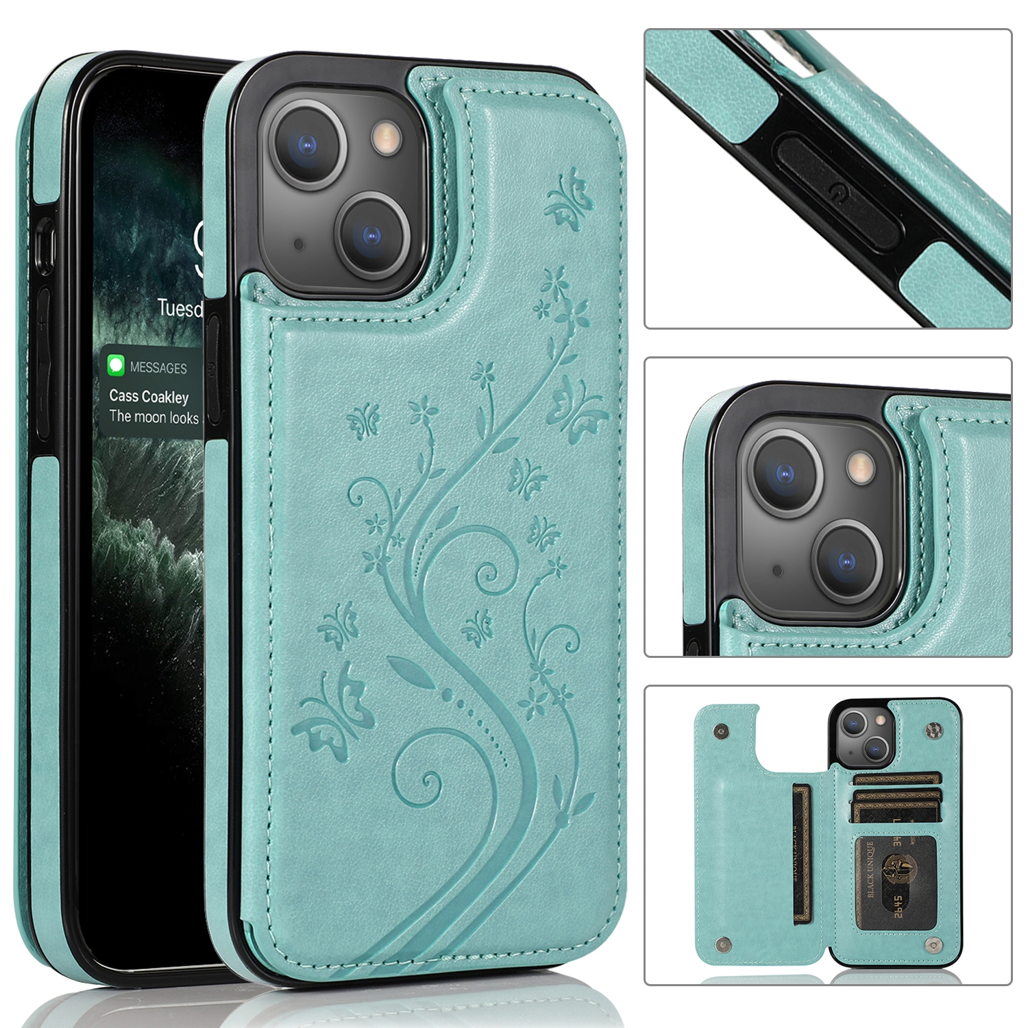 For iPhone 13 mini Butterflies Flowers Double Buckle PU + TPU Protective Case with Holder & Card Slots & Photo Frame (Green) For iPhone 13 mini Butterflies Flowers Double Buckle PU + TPU Protective Case with Holder & Card Slots & Photo Frame (Green)