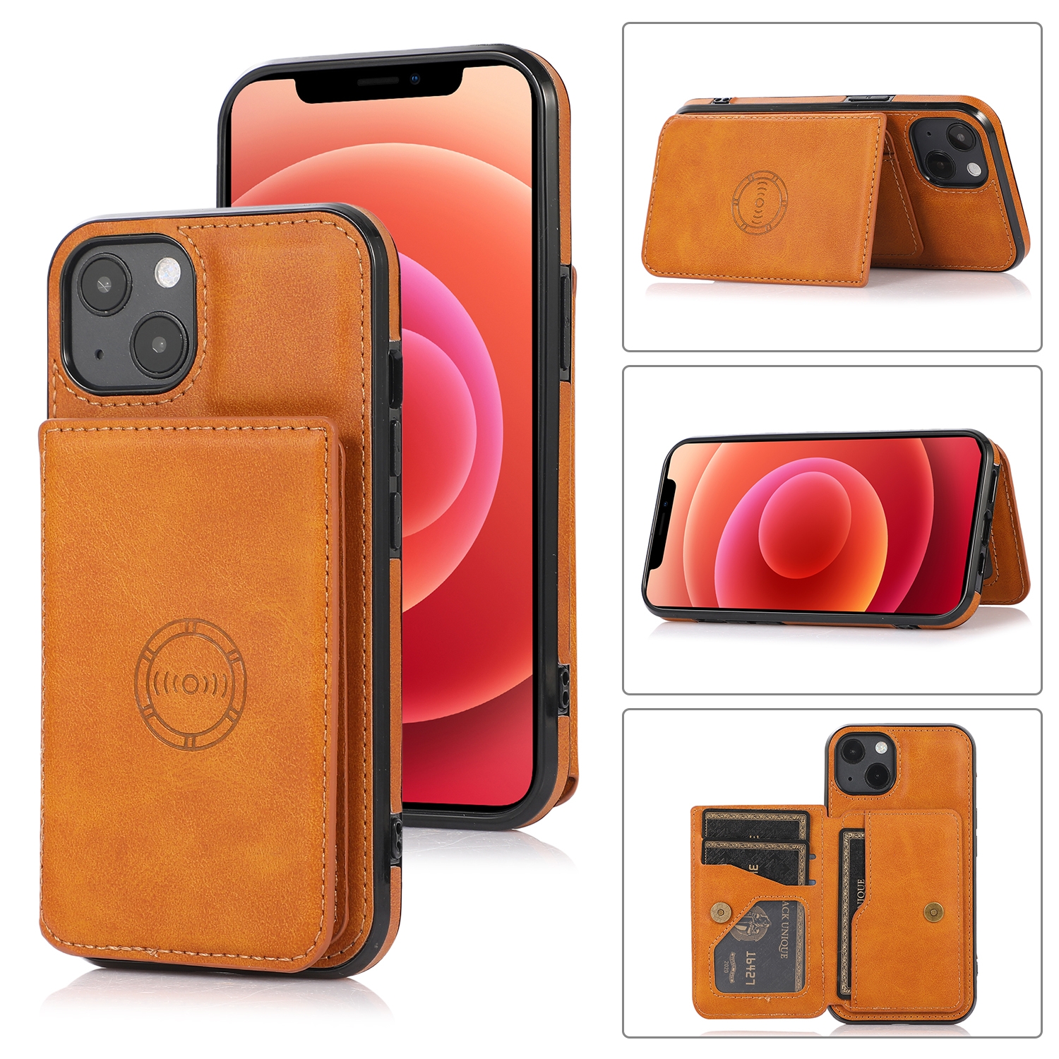 For iPhone 13 mini Calf Texture Magnetic Card Bag PU Shockproof Case with Holder & Card Slot (Brown) For iPhone 13 mini Calf Texture Magnetic Card Bag PU Shockproof Case with Holder & Card Slot (Brown)
