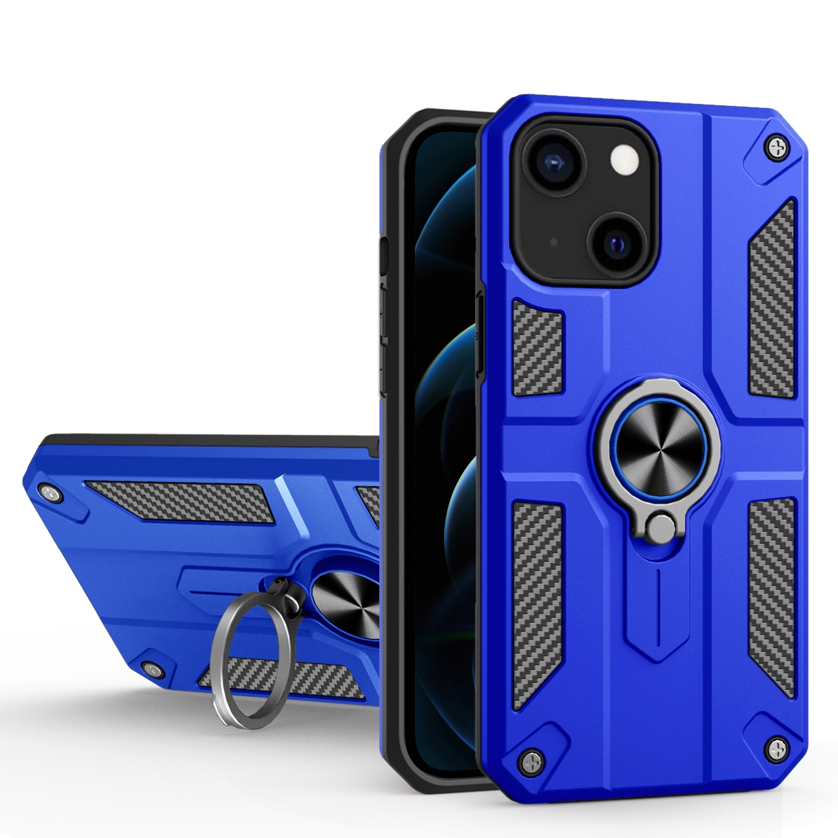 For iPhone 13 mini Carbon Fiber Pattern PC + TPU Protective Case with Ring Holder (Dark Blue) For iPhone 13 mini Carbon Fiber Pattern PC + TPU Protective Case with Ring Holder (Dark Blue)
