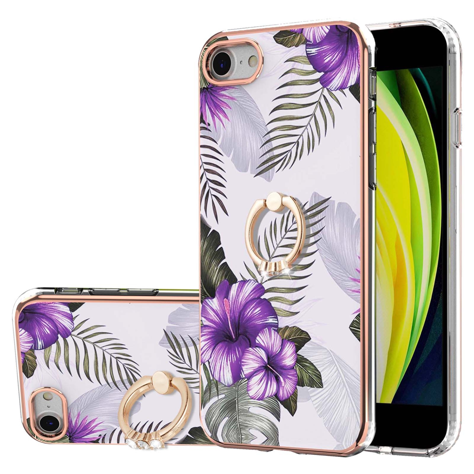 For iPhone SE 2022 / SE 2020 / 8 / 7 Electroplating Pattern IMD TPU Shockproof Case with Rhinestone Ring Holder(Purple Flower) For iPhone SE 2022 / SE 2020 / 8 / 7 Electroplating Pattern IMD TPU Shockproof Case with Rhinestone Ring Holder(Purple Flower)