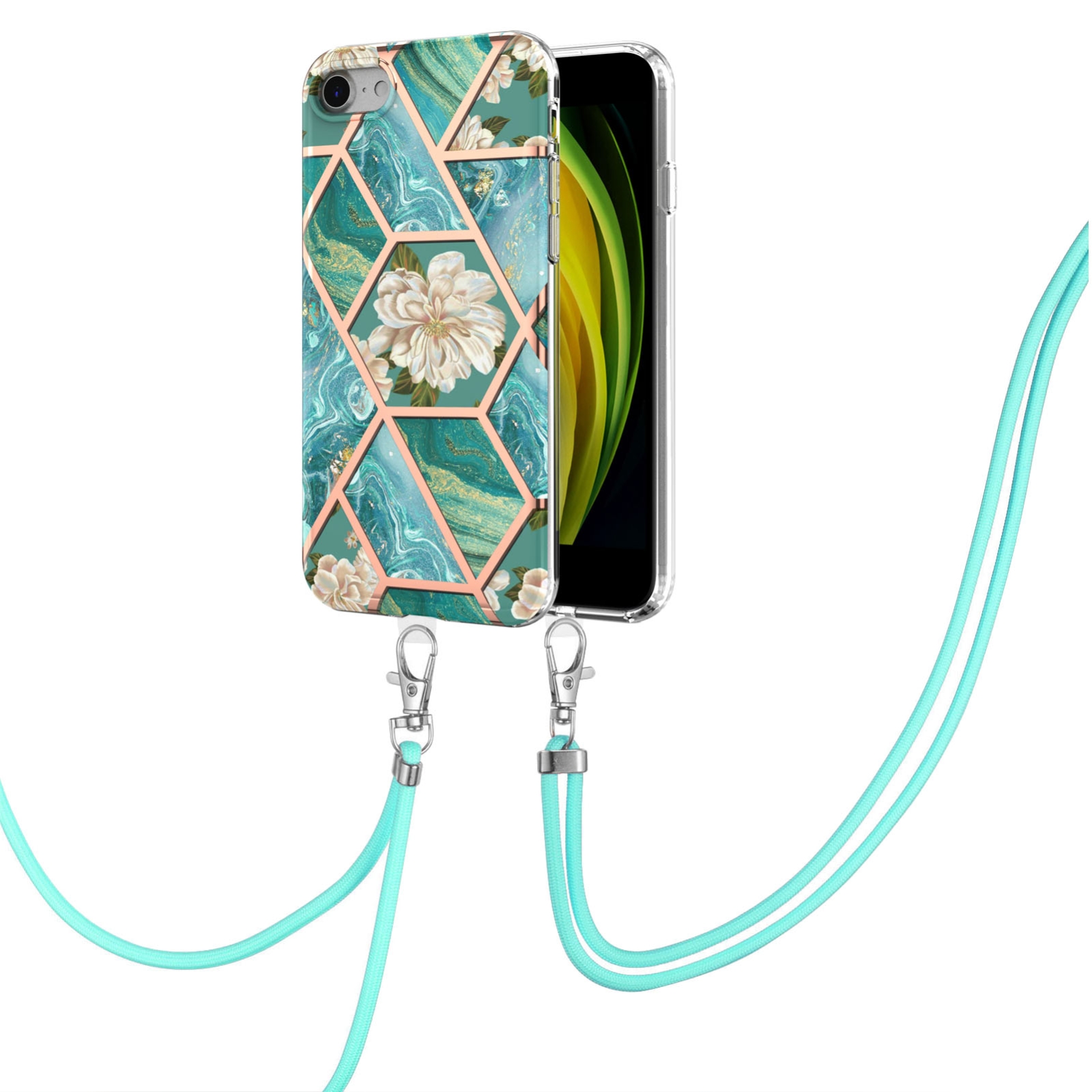 For iPhone SE 2022 / SE 2020 / 8 / 7 Electroplating Splicing Marble Flower Pattern TPU Shockproof Case with Lanyard(Blue Flower) For iPhone SE 2022 / SE 2020 / 8 / 7 Electroplating Splicing Marble Flower Pattern TPU Shockproof Case with Lanyard(Blue Flower)