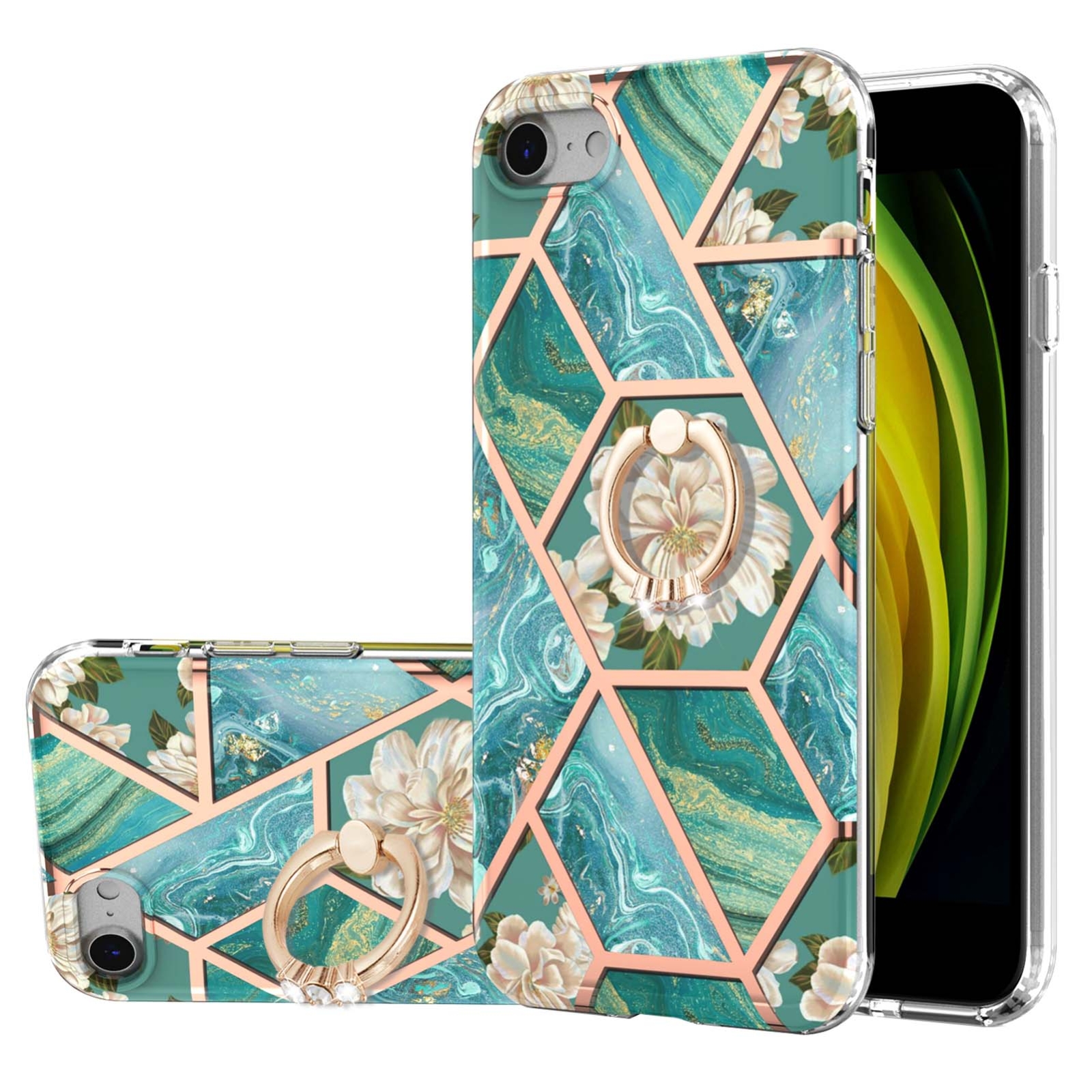 For iPhone SE 2022 / SE 2020 / 8 / 7 Electroplating Splicing Marble Flower Pattern TPU Shockproof Case with Rhinestone Ring Holder(Blue Flower) For iPhone SE 2022 / SE 2020 / 8 / 7 Electroplating Splicing Marble Flower Pattern TPU Shockproof Case with Rhinestone Ring Holder(Blue Flower)