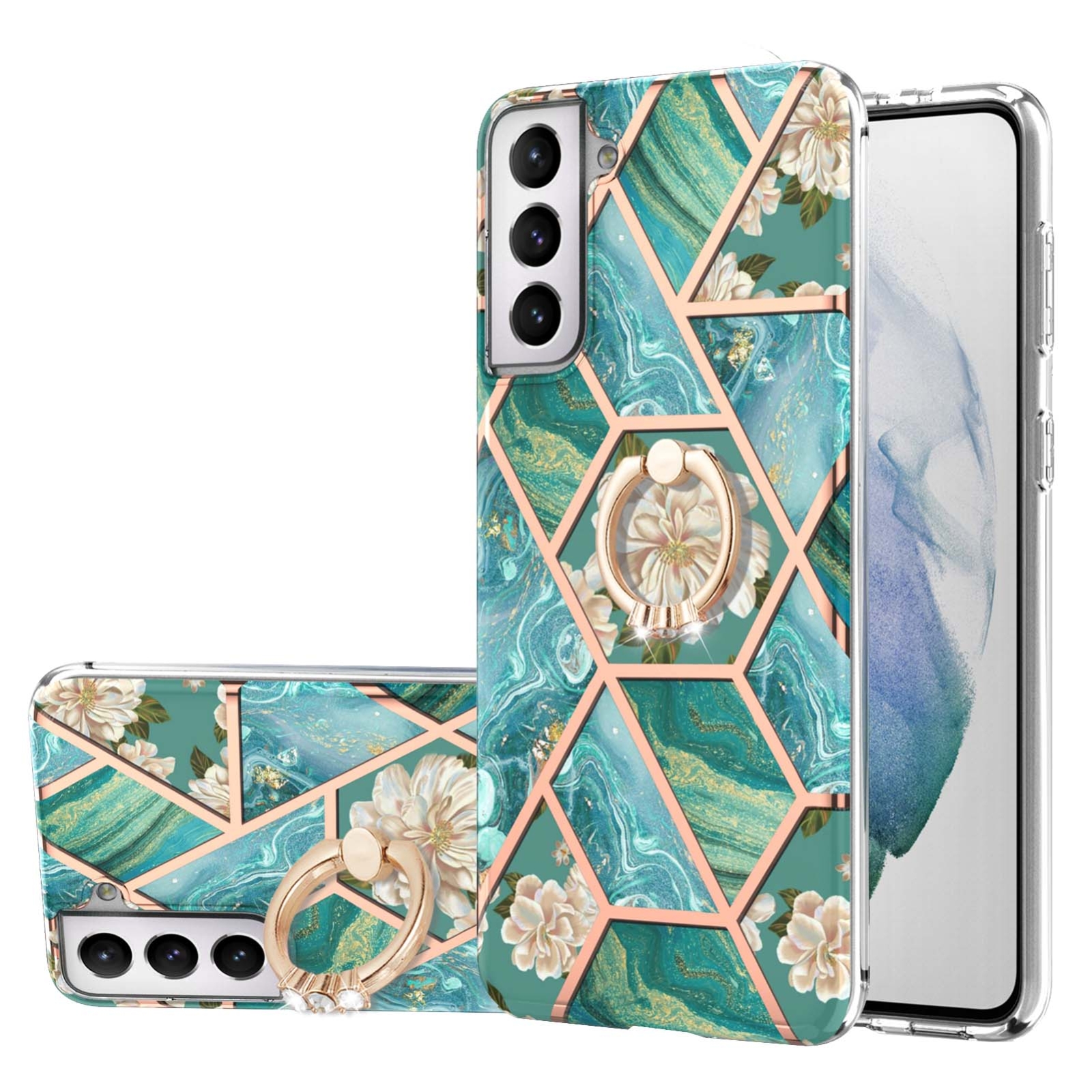 For Samsung Galaxy S21 5G Electroplating Splicing Marble Flower Pattern TPU Shockproof Case with Rhinestone Ring Holder(Blue Flower) For Samsung Galaxy S21 5G Electroplating Splicing Marble Flower Pattern TPU Shockproof Case with Rhinestone Ring Holder(Blue Flower)