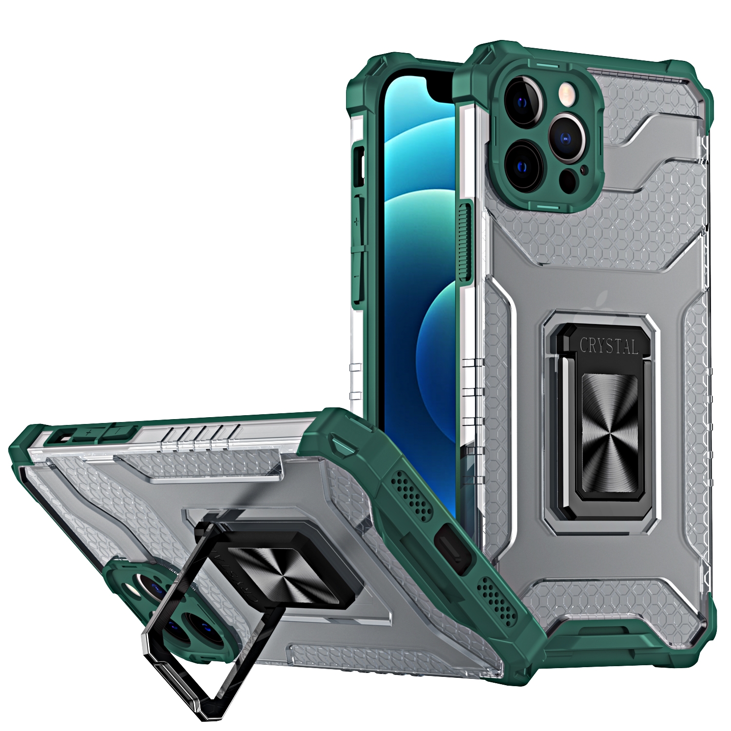 For iPhone 13 mini Armor Clear PC + TPU Shockproof Case with Metal Ring Holder (Dark Green Transparent Grey) For iPhone 13 mini Armor Clear PC + TPU Shockproof Case with Metal Ring Holder (Dark Green Transparent Grey)