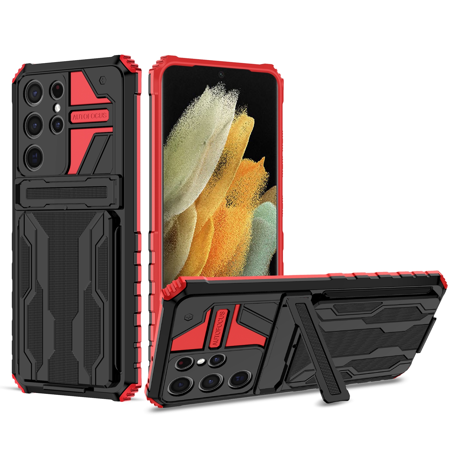 For Samsung Galaxy S21 Ultra 5G Armor Card PC + TPU Shockproof Case with Card Slot & Invisible Holder(Red) For Samsung Galaxy S21 Ultra 5G Armor Card PC + TPU Shockproof Case with Card Slot & Invisible Holder(Red)