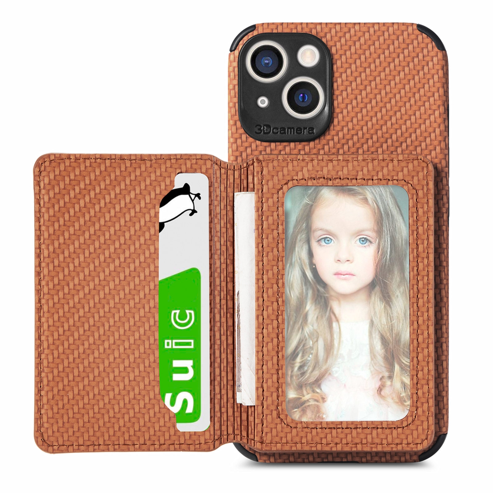 For iPhone 13 mini Carbon Fiber Magnetic Card Bag TPU+PU Shockproof Back Cover Case with Holder & Card Slot & Photo Frame (Brown)