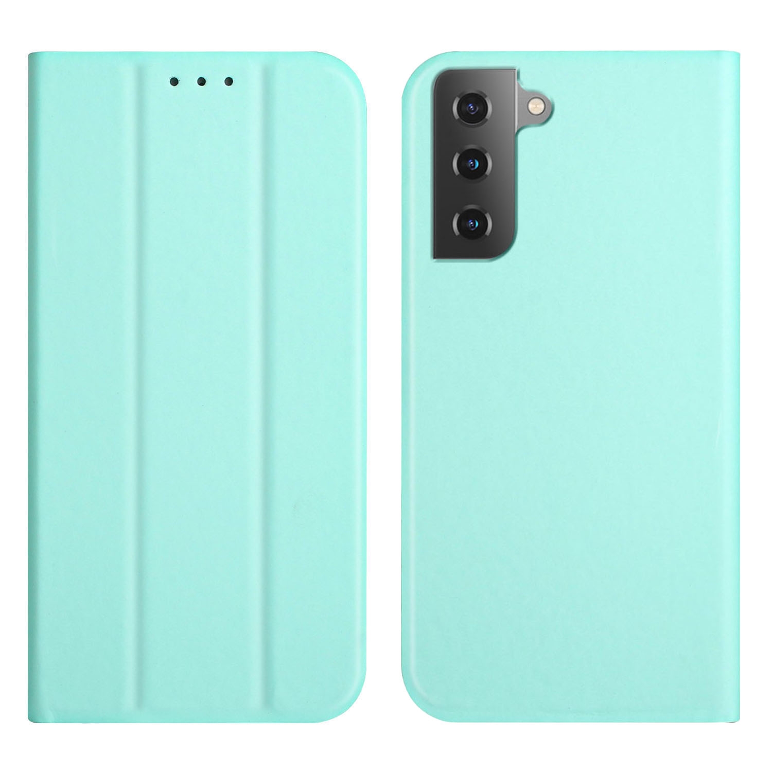 For Samsung Galaxy S21 5G 3-Folding Ultrathin Skin Feel Magnetic Solid Color Horizontal Flip Leather Case with Holder(Mint Green)