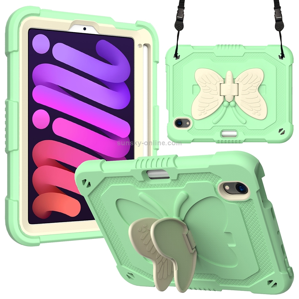 For iPad mini 6 / mini 2024 Beige PC + Silicone Anti-drop Protective Tablet Case with Butterfly Shape Holder & Pen Slot(Beige + Fresh Green) For iPad mini 6 / mini 2024 Beige PC + Silicone Anti-drop Protective Tablet Case with Butterfly Shape Holder & Pen Slot(Beige + Fresh Green)