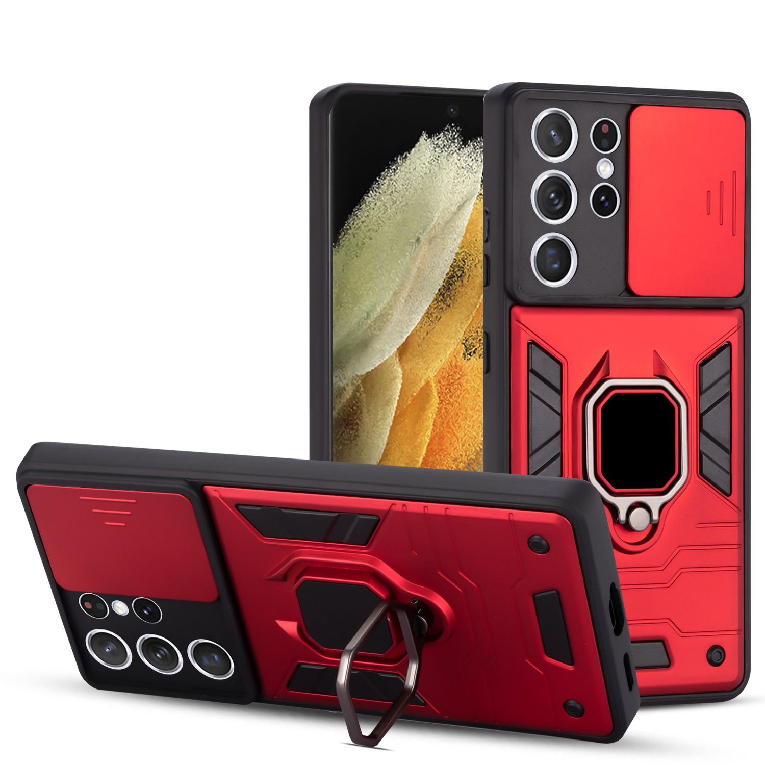 For Samsung Galaxy S21+ 5G Warrior Armor Sliding Camera Cover Design TPU + PC Shockproof Case with Ring Holder(Red) For Samsung Galaxy S21+ 5G Warrior Armor Sliding Camera Cover Design TPU + PC Shockproof Case with Ring Holder(Red)