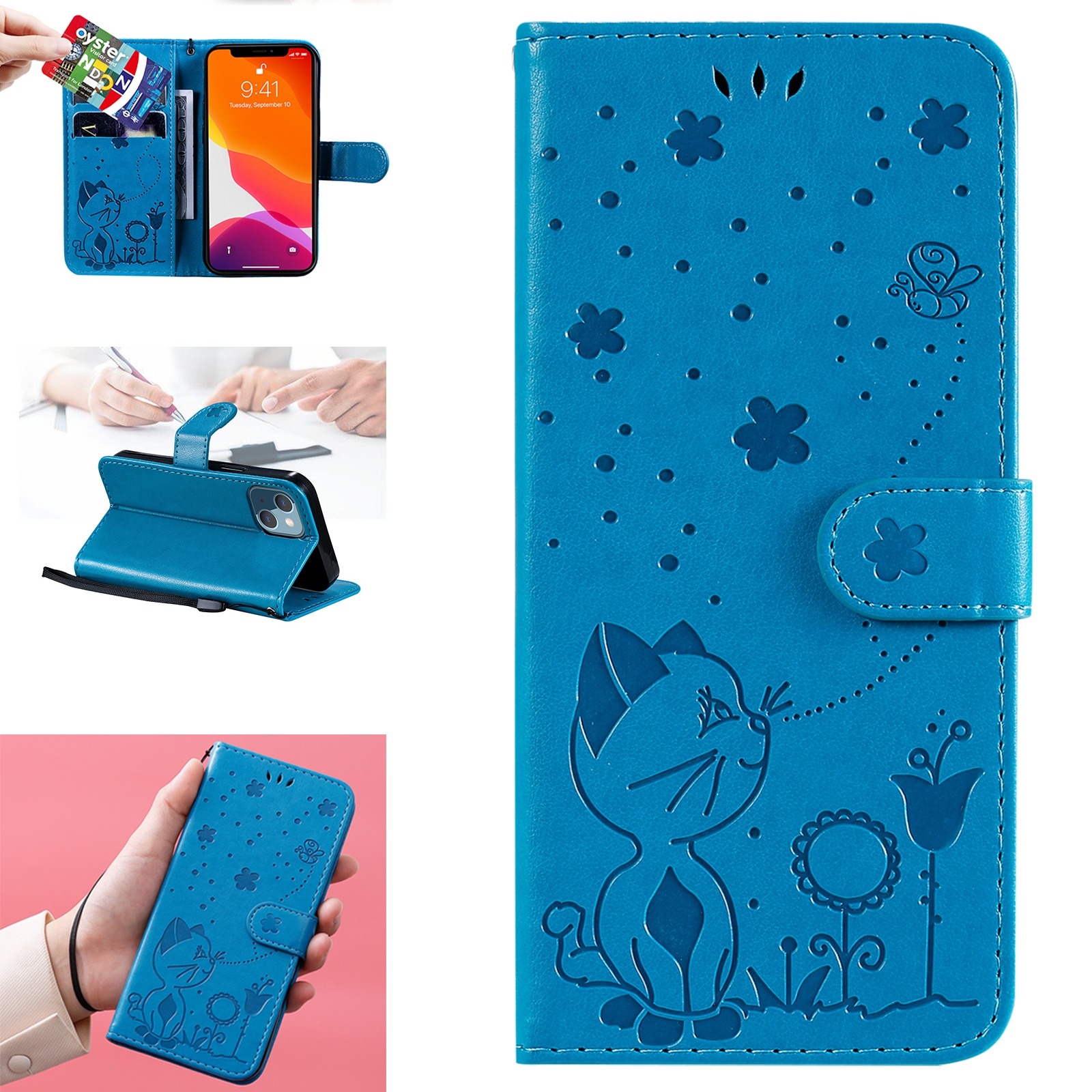 For iPhone 13 mini Cat Bee Embossing Pattern Shockproof Horizontal Flip Leather Case with Holder & Card Slots & Wallet (Blue) For iPhone 13 mini Cat Bee Embossing Pattern Shockproof Horizontal Flip Leather Case with Holder & Card Slots & Wallet (Blue)
