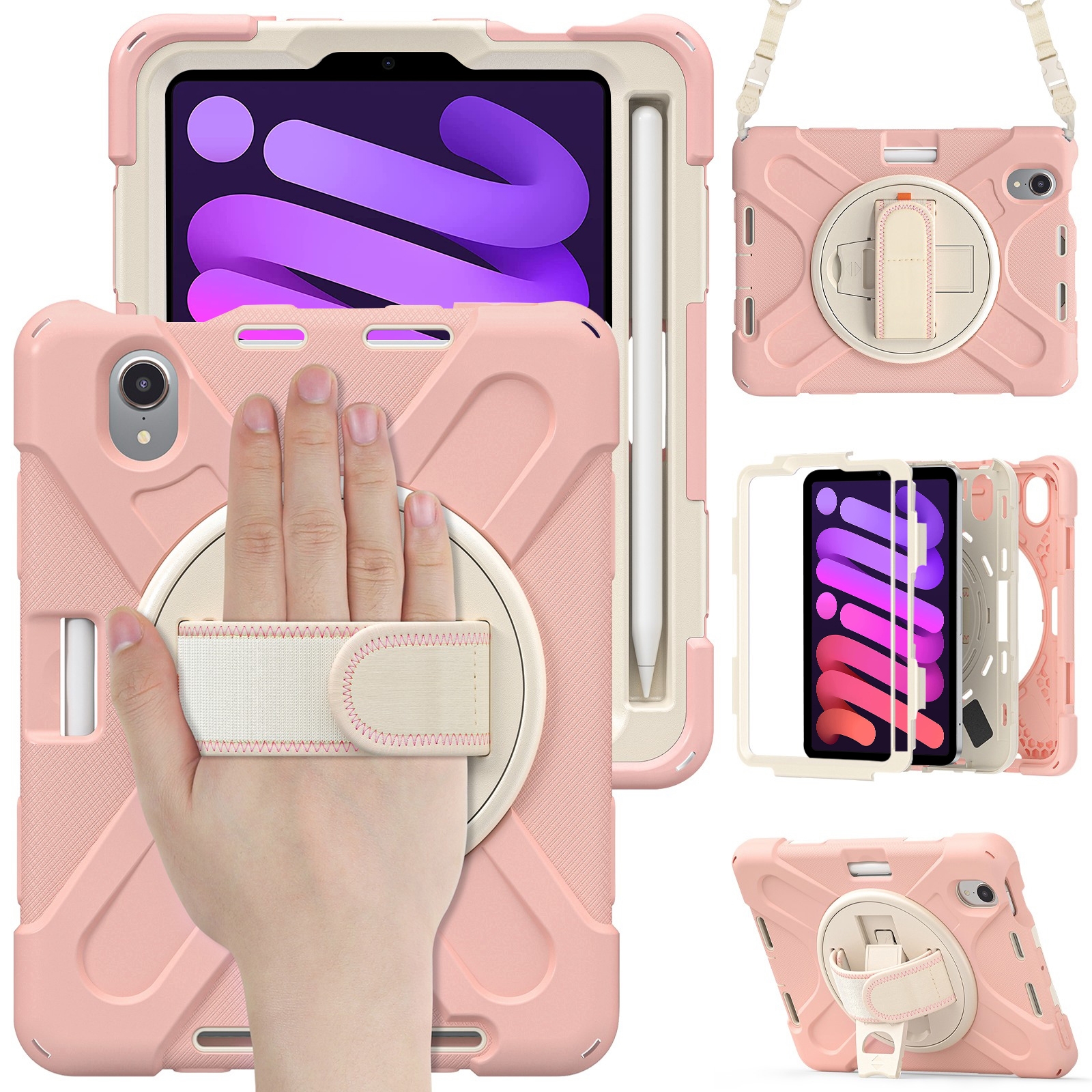 For iPad mini 6 / mini 2024 Silicone Hybrid PC Tablet Case with Grip Holder & Shoulder Strap (Rose Gold) For iPad mini 6 / mini 2024 Silicone Hybrid PC Tablet Case with Grip Holder & Shoulder Strap (Rose Gold)