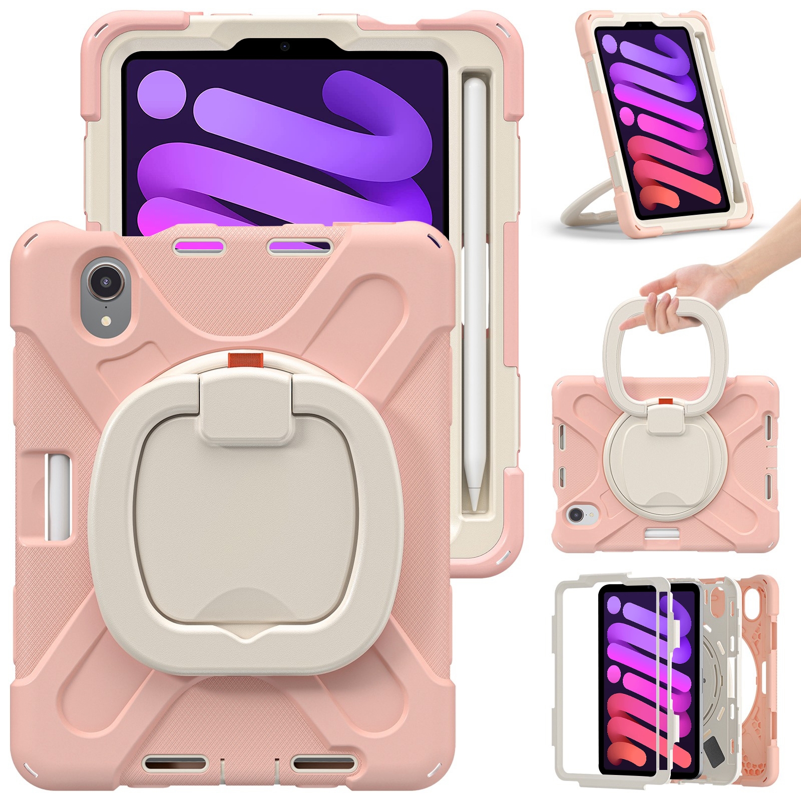 For iPad mini 6 / mini 2024 Heavy Duty Silicone Hybrid PC Tablet Case with Holder & Shoulder Strap(Rose Gold) For iPad mini 6 / mini 2024 Heavy Duty Silicone Hybrid PC Tablet Case with Holder & Shoulder Strap(Rose Gold)