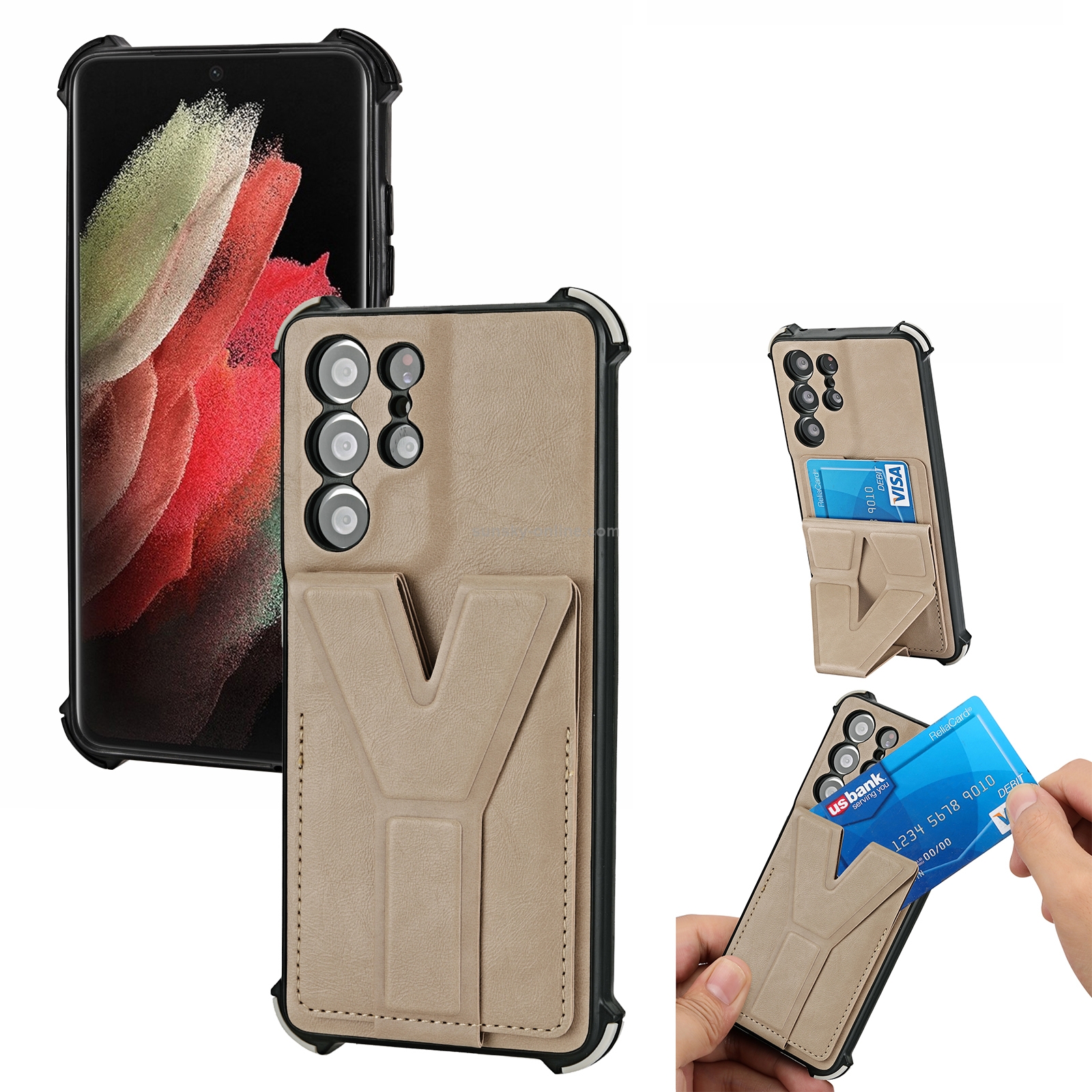 For Samsung Galaxy S21 Ultra 5G Y Style Multifunction Card Stand Back Cover PU + TPU + PC Magnetic Shockproof Case(Khaki) For Samsung Galaxy S21 Ultra 5G Y Style Multifunction Card Stand Back Cover PU + TPU + PC Magnetic Shockproof Case(Khaki)
