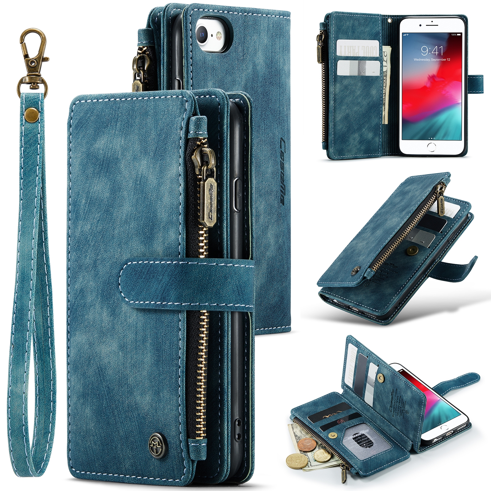 For iPhone SE 2022 / SE 2020 / 8 / 7 / 6 CaseMe-C30 PU + TPU Multifunctional Horizontal Flip Leather Case with Holder & Card Slot & Wallet & Zipper Pocke(Blue) For iPhone SE 2022 / SE 2020 / 8 / 7 / 6 CaseMe-C30 PU + TPU Multifunctional Horizontal Flip Leather Case with Holder & Card Slot & Wallet & Zipper Pocke(Blue)
