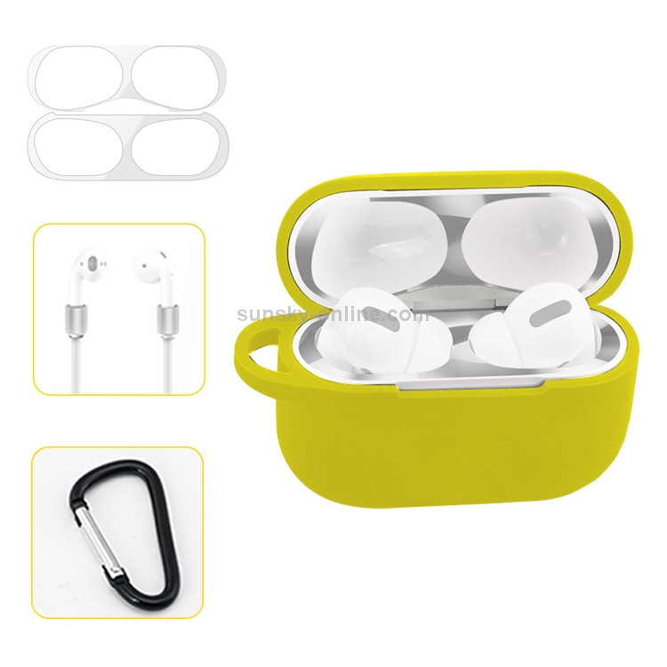 For AirPods Pro Silicone Wireless Earphone Protective Case Storage Box with Hook & Anti-drop Rope(Yellow+Silver Inner Sticker) For AirPods Pro Silicone Wireless Earphone Protective Case Storage Box with Hook & Anti-drop Rope(Yellow+Silver Inner Sticker)