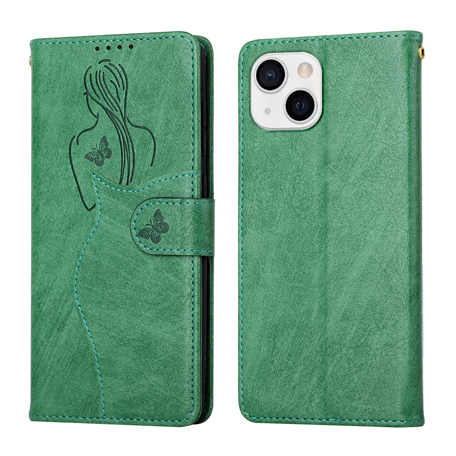 For iPhone 13 mini Beauty Girl Embossing Pattern Horizontal Flip Leather Case with Holder & Card Slot & Wallet & Photo Frame (Green)