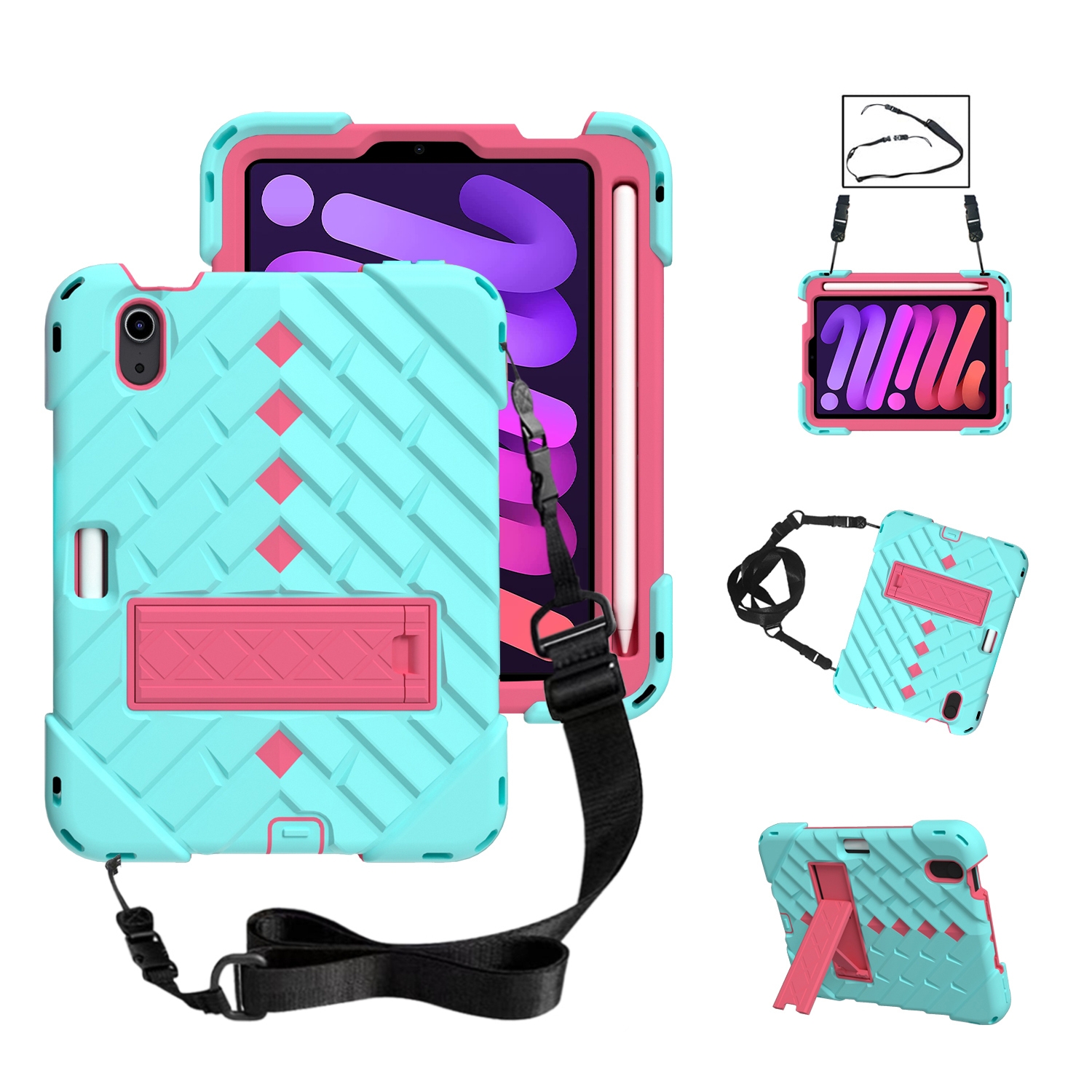 For iPad mini 6 Shockproof Rhombus Robot PC + Silicone Protective Tablet Case with Holder & Shoulder Strap(Mint Green + Rose Red) For iPad mini 6 Shockproof Rhombus Robot PC + Silicone Protective Tablet Case with Holder & Shoulder Strap(Mint Green + Rose Red)