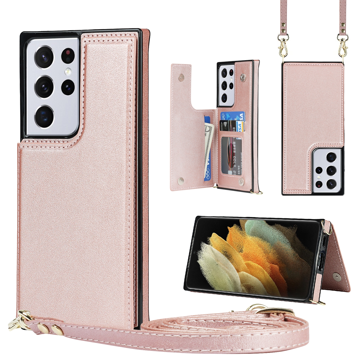 For Samsung Galaxy S21 Ultra 5G Cross-body Square Double Buckle Flip Card Bag TPU+PU Case with Card Slots & Wallet & Photo & Strap(Rose Gold) For Samsung Galaxy S21 Ultra 5G Cross-body Square Double Buckle Flip Card Bag TPU+PU Case with Card Slots & Wallet & Photo & Strap(Rose Gold)