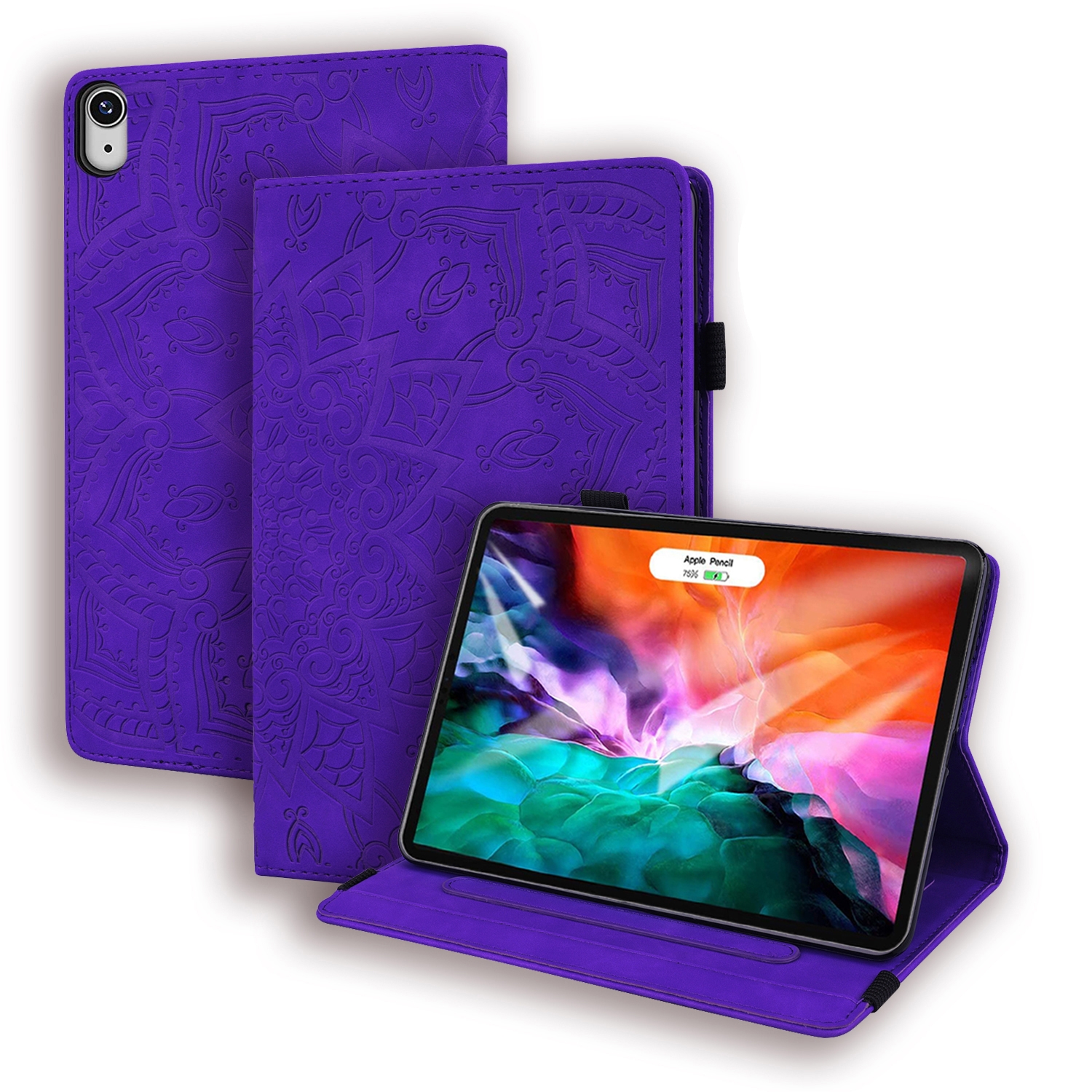 For iPad mini 2024 / mini 6 Calf Pattern Double Folding Design Embossed Leather Tablet Case with Holder & Card Slots & Pen Slot & Elastic Band(Purple)