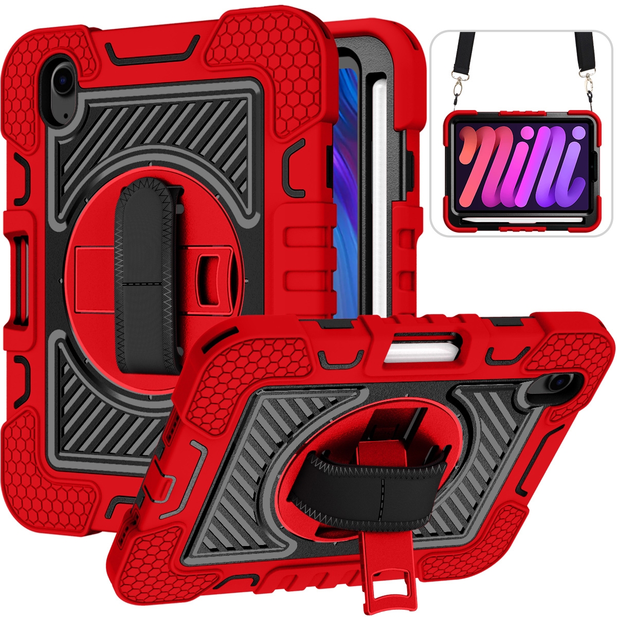 For iPad mini 2024 / mini 6 360 Degree Rotation Contrast Color Shockproof Silicone + PC Tablet Case with Holder & Hand Grip Strap & Shoulder Strap(Red+Black) For iPad mini 2024 / mini 6 360 Degree Rotation Contrast Color Shockproof Silicone + PC Tablet Case with Holder & Hand Grip Strap & Shoulder Strap(Red+Black)