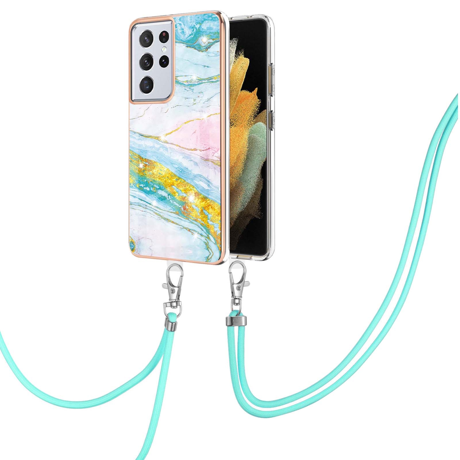For Samsung Galaxy S21 Ultra 5G Electroplating Marble Pattern IMD TPU Shockproof Case with Neck Lanyard(Green 004) For Samsung Galaxy S21 Ultra 5G Electroplating Marble Pattern IMD TPU Shockproof Case with Neck Lanyard(Green 004)