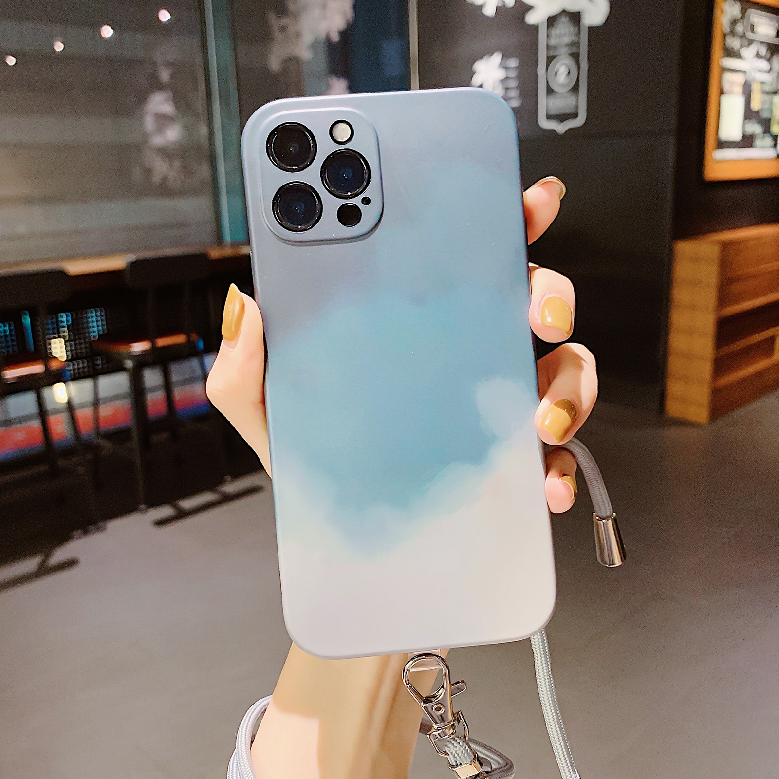 For iPhone 12 Watercolor TPU Shockproof Phone Case with Neck Lanyard(Cyan Green) For iPhone 12 Watercolor TPU Shockproof Phone Case with Neck Lanyard(Cyan Green)