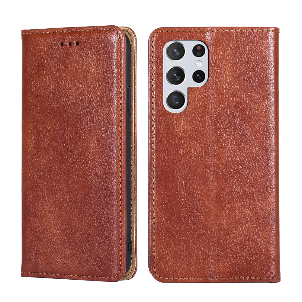 For Samaung Galaxy S22 Ultra 5G Pure Color Magnetic Horizontal Flip Leather Case with Holder & Card Slot & Wallet(Brown)