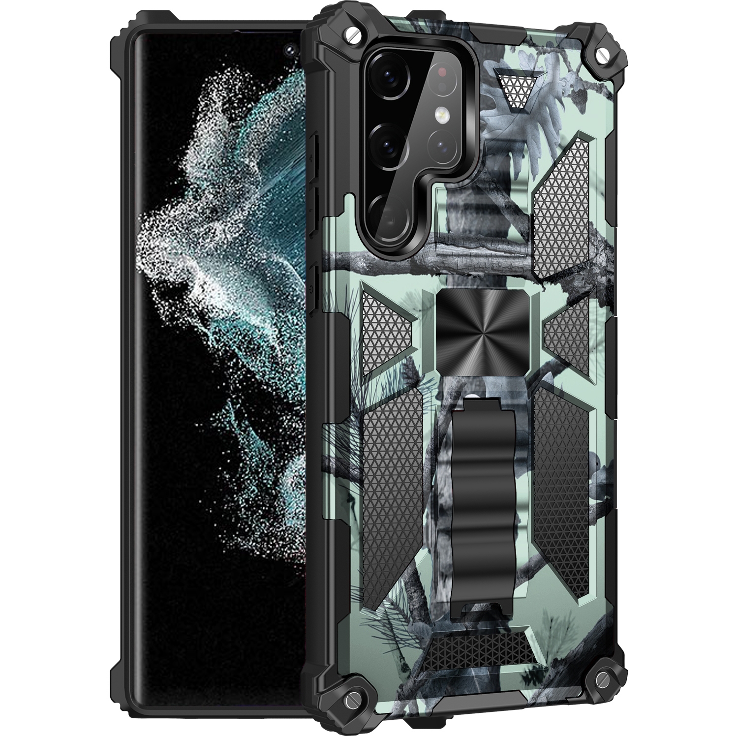 For Samsung Galaxy S22 Ultra 5G Camouflage Armor Shockproof TPU + PC Magnetic Protective Phone Case with Holder(Mint Green) For Samsung Galaxy S22 Ultra 5G Camouflage Armor Shockproof TPU + PC Magnetic Protective Phone Case with Holder(Mint Green)
